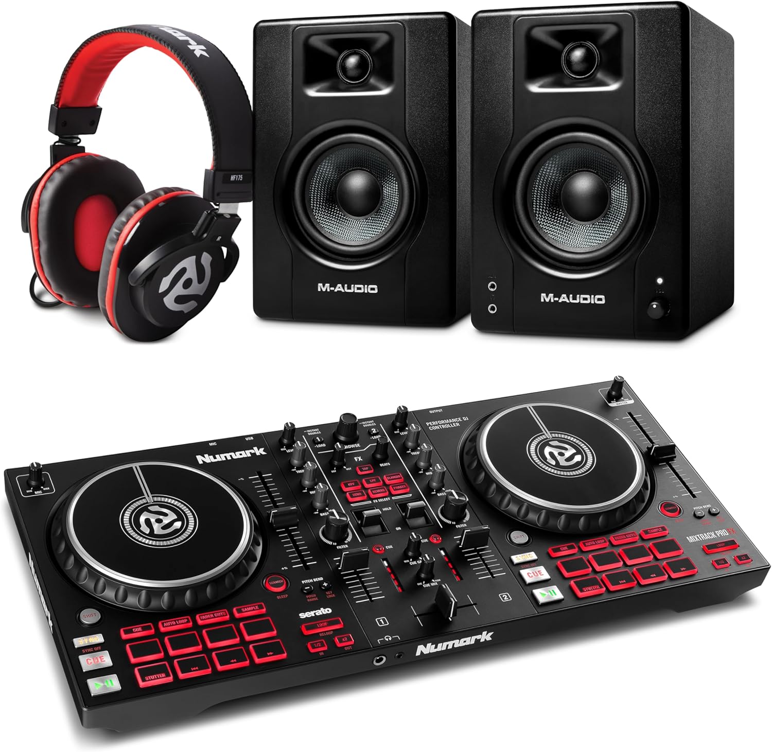 Numark Mixtrack Pro FX DJ Controller and M-AUDIO BX3 Pair Studio Monitors with Headphones for Studio Recording, Music Production, Podcasting, Streaming