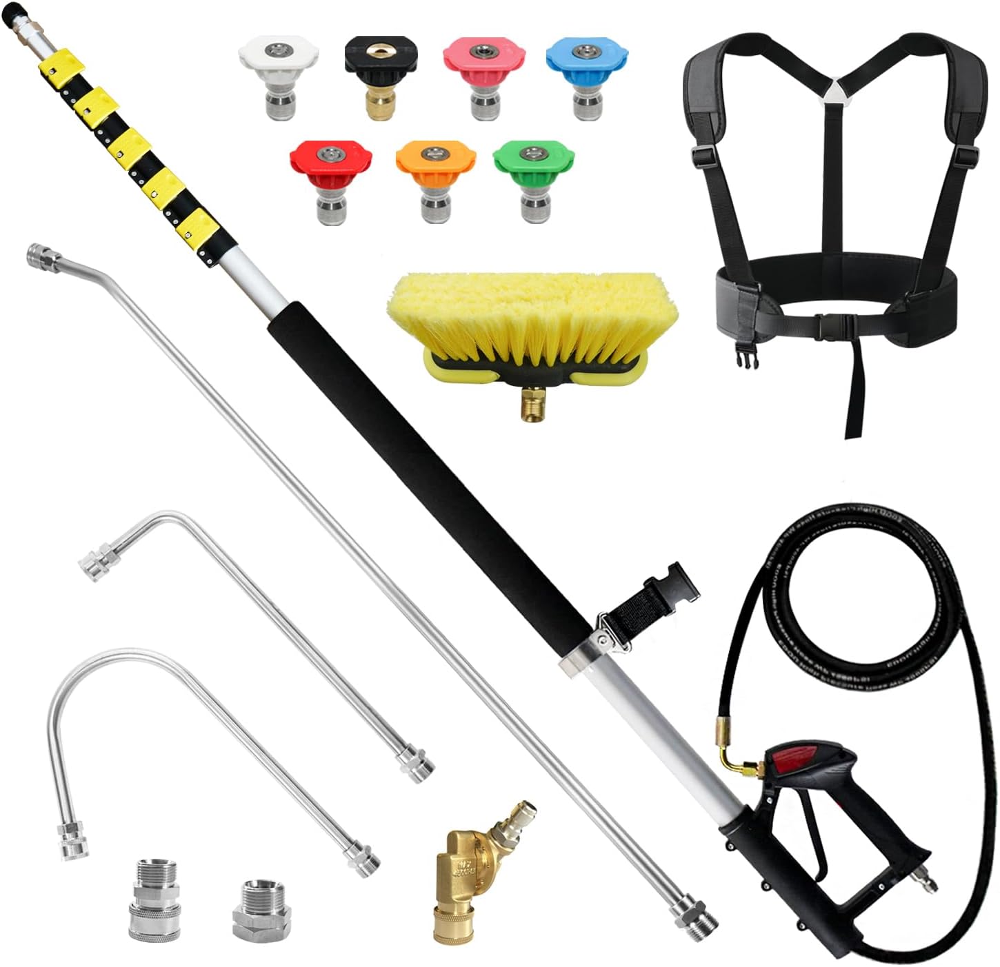 JANZ 25 FT Pressure Washer Telescoping Wand with Power Washer Extension Wands, Brush Head, Gutter Cleaner, 7 Spray Nozzle Tips, 2 Hose Adapters and Support Belt