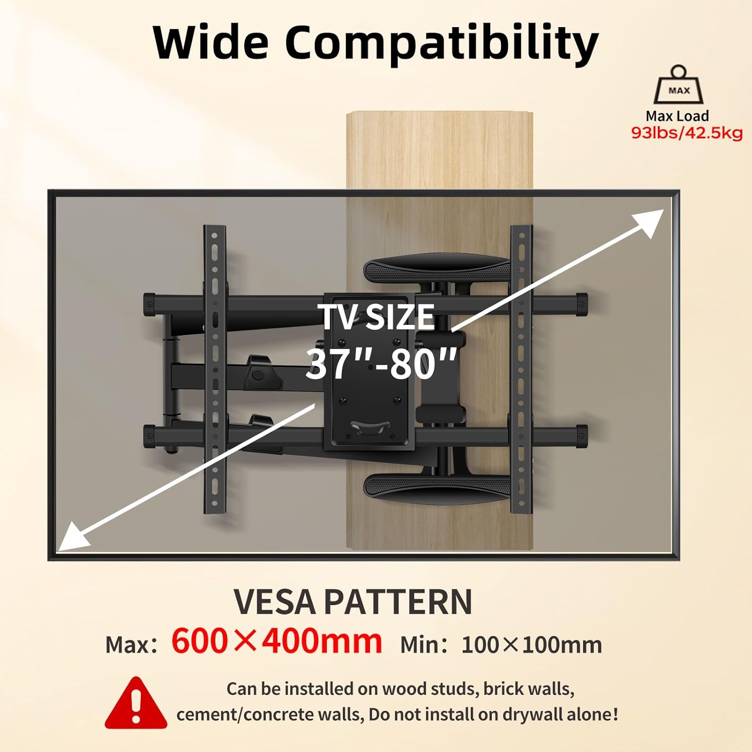 55 65 75 inch Long Arm TV Wall Mount for 37-80 Inch,Full Motion Single Arm Mount with 180°Swivel,Tilt and Level Adjustment,Max VESA 600x400mm,Corner TV Wall Mount,XL-DY658S