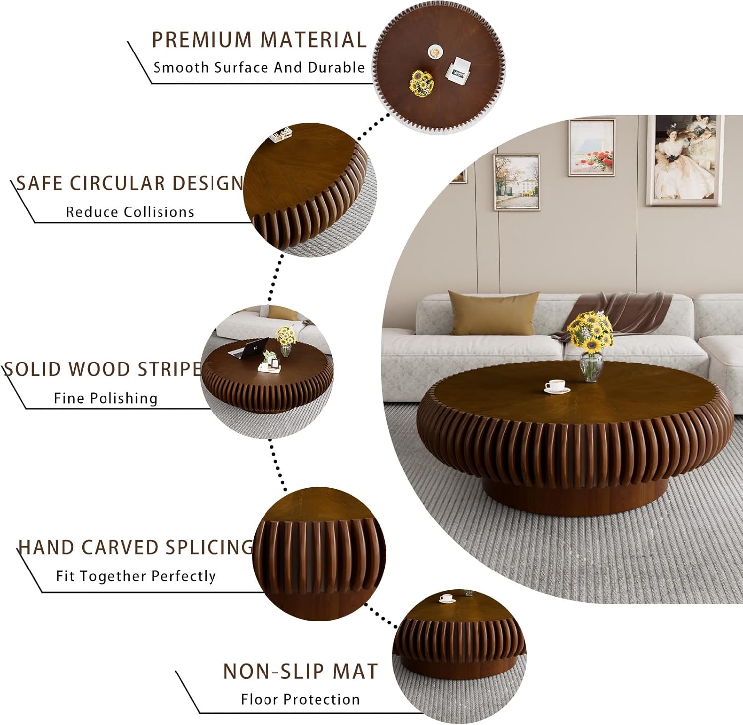 Handcrafted Solid Wood Round Grooved Coffee Table Modern Curved Fluted Drum Center Table Stylish Focal Point for Contemporary Living Room (C Walnut 100cm)