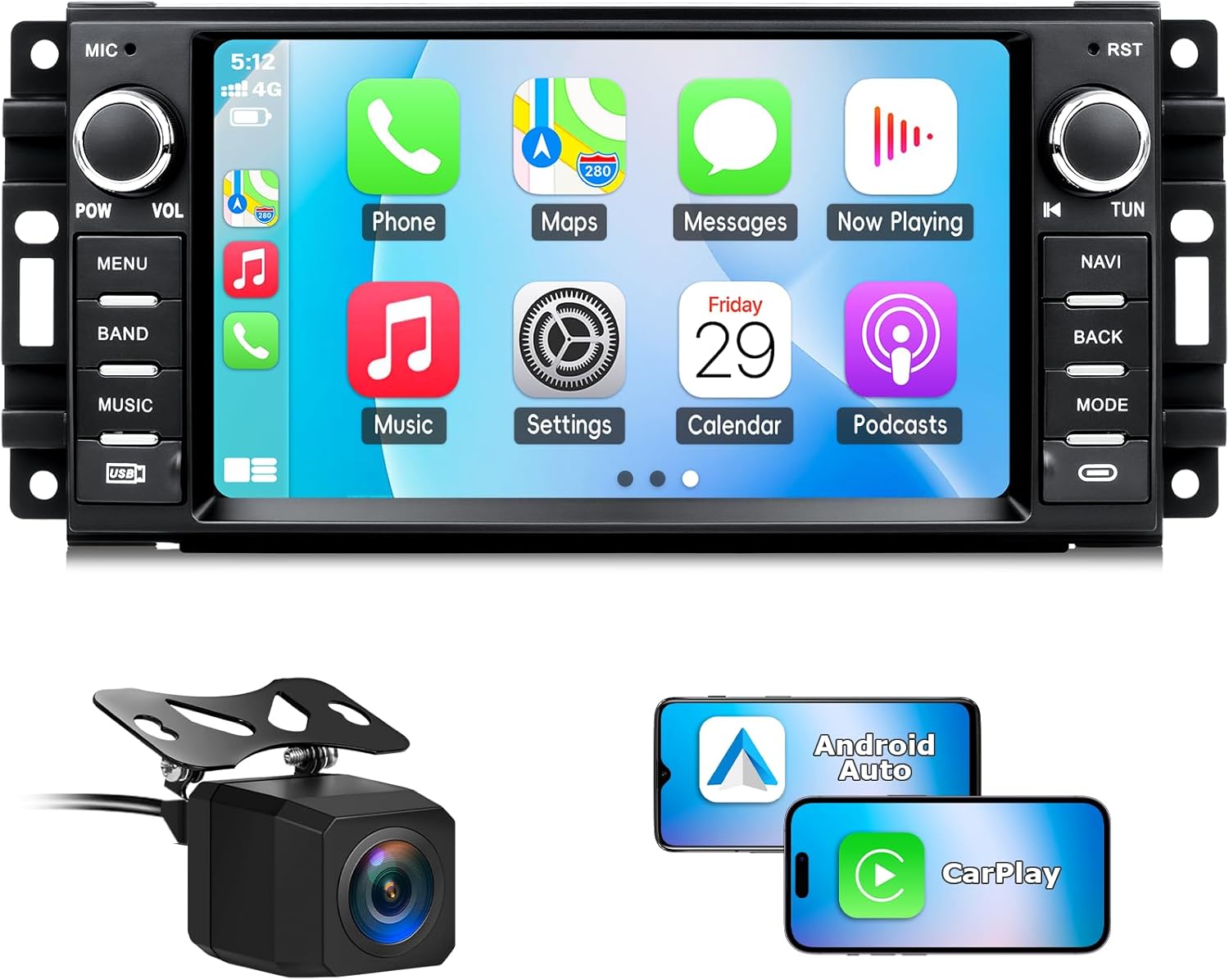 Car Stereo for Jeep Wrangler JK Radio 2007-2018 Dodge Ram 1500 2009-2012 Touchscreen Stereo with Carplay Android Auto, Bluetooth, SWC, FM, AM, Backup Camera