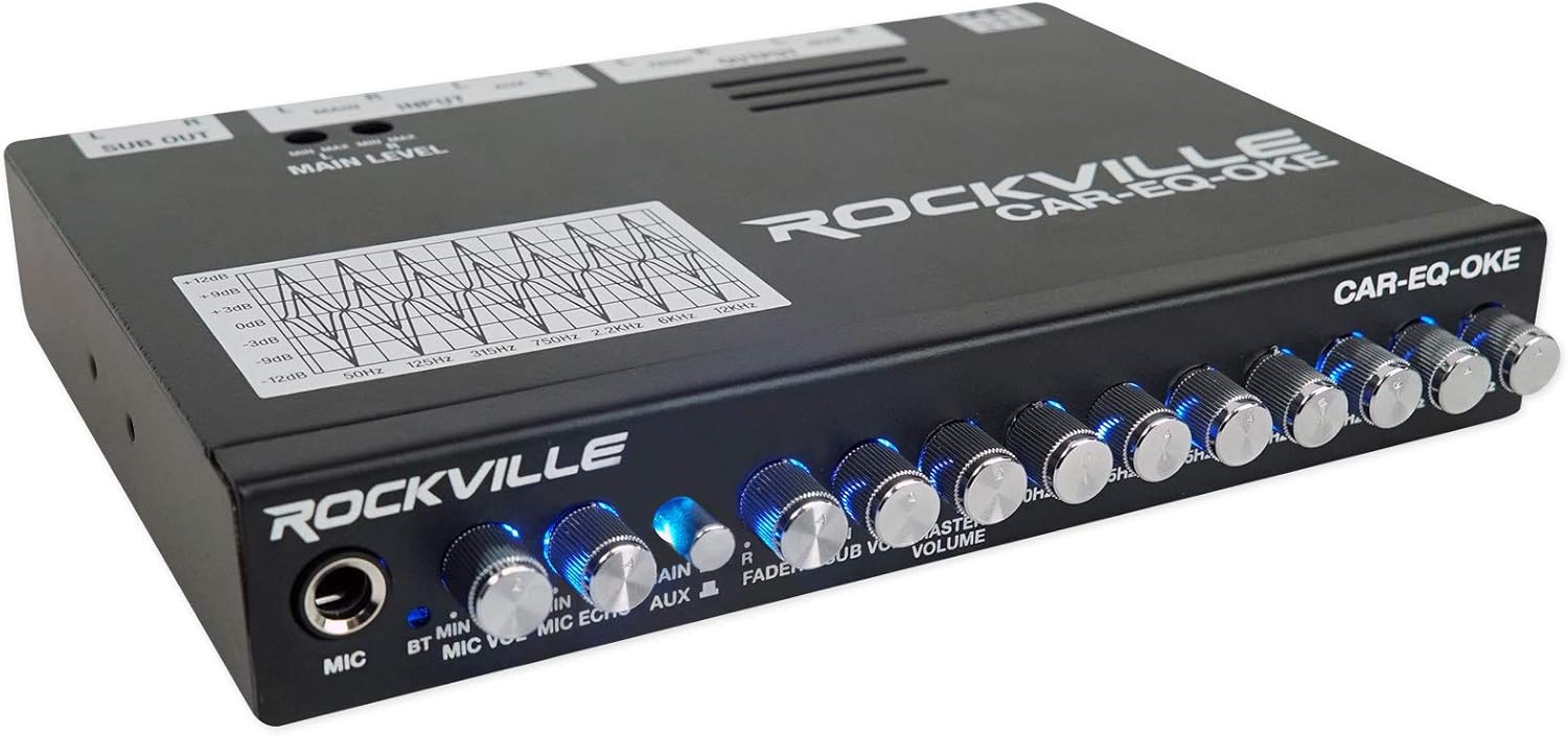 Rockville CAR-EQ-Oke Bundle: 1/2 Din 7 Band Car Audio Bluetooth Equalizer with Echo Mic Input, RMC-XLR Handheld Wired Microphone with (2) Cables, 4-Items