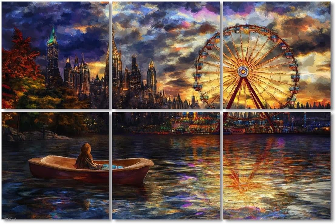 6 Pack Art Acoustic Panels Sound Absorbing Amusement Park Park Scene Castle Skyline Wheel Scenic Pictures Decorative Soundproof Wall Panels Self Adhesive for Recording Studios Office 72
