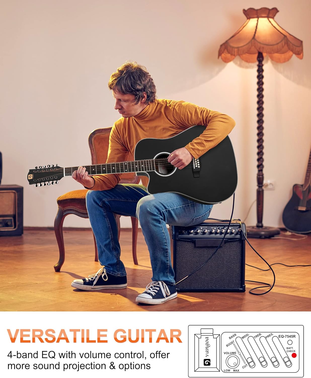 Vangoa LEFT HANDED 12 String Guitar Acoustic electric Cutaway 42 Inch Full Size Dreadnought Spruce Top Sapele Body for Beginners Teens Adults, Black, Matte