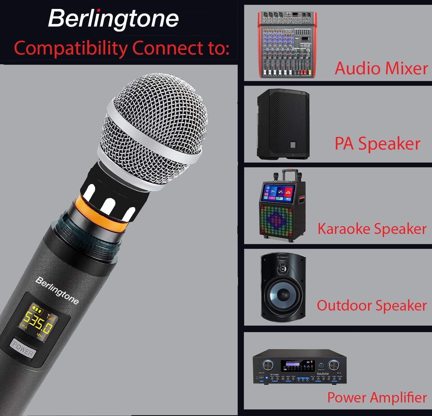 Berlingtone) Professional Dual Dynamic Handheld UHF Wireless Microphone System, Magnetic Wireless Charging, 200 Adjustable Frequency Channels for Karaoke, Meeting, Church, up 200ft Range, BR-60UM