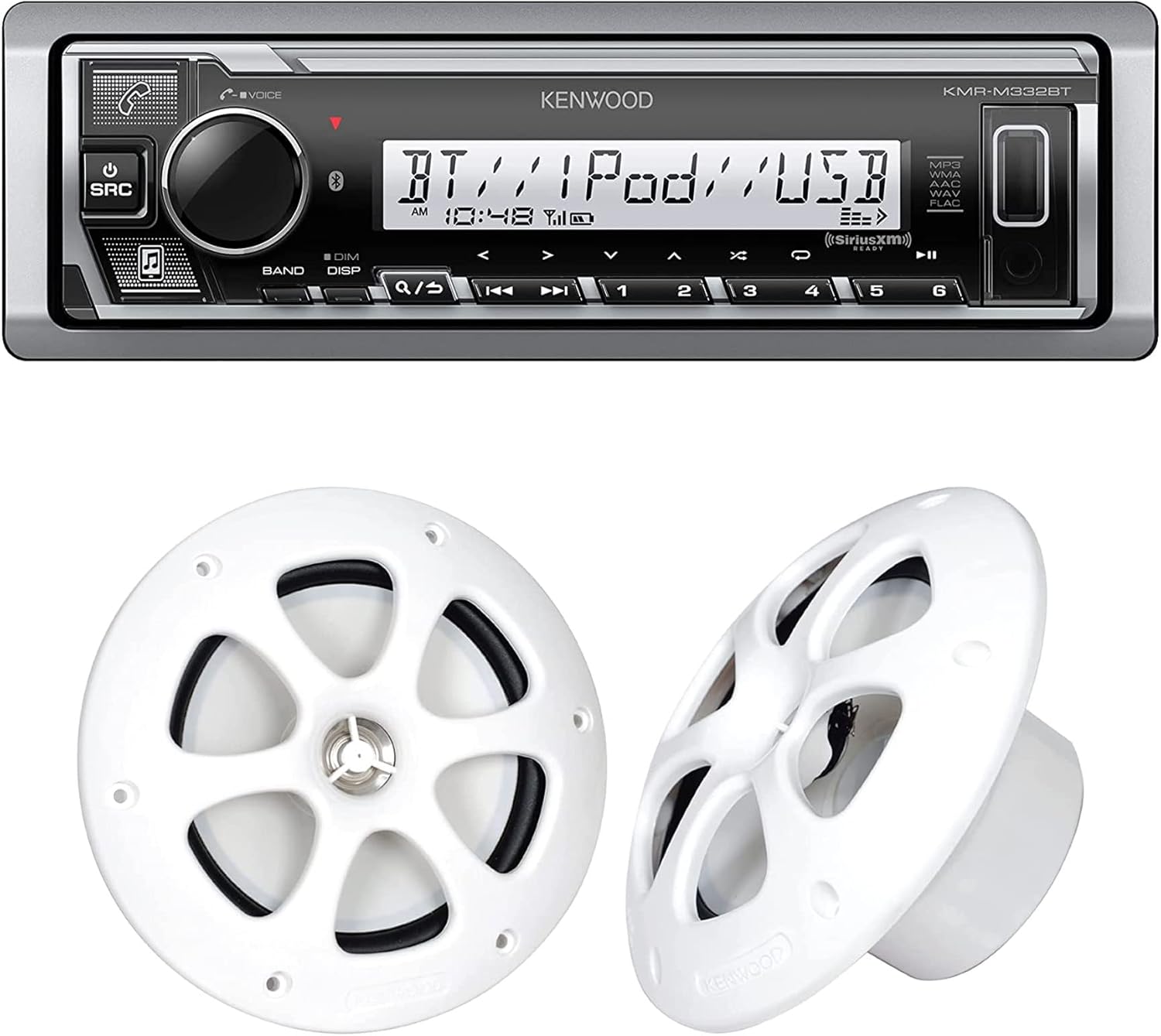 Kenwood KMR-M332BT Car & Marine Stereo | Plus 1x KFC-1613MRB/W 6.5 Inch 2 Way Coaxial Waterproof Marine Motorsports Boat Speakers, Pair, 4 Ohm, 100 Peak Watts (White)