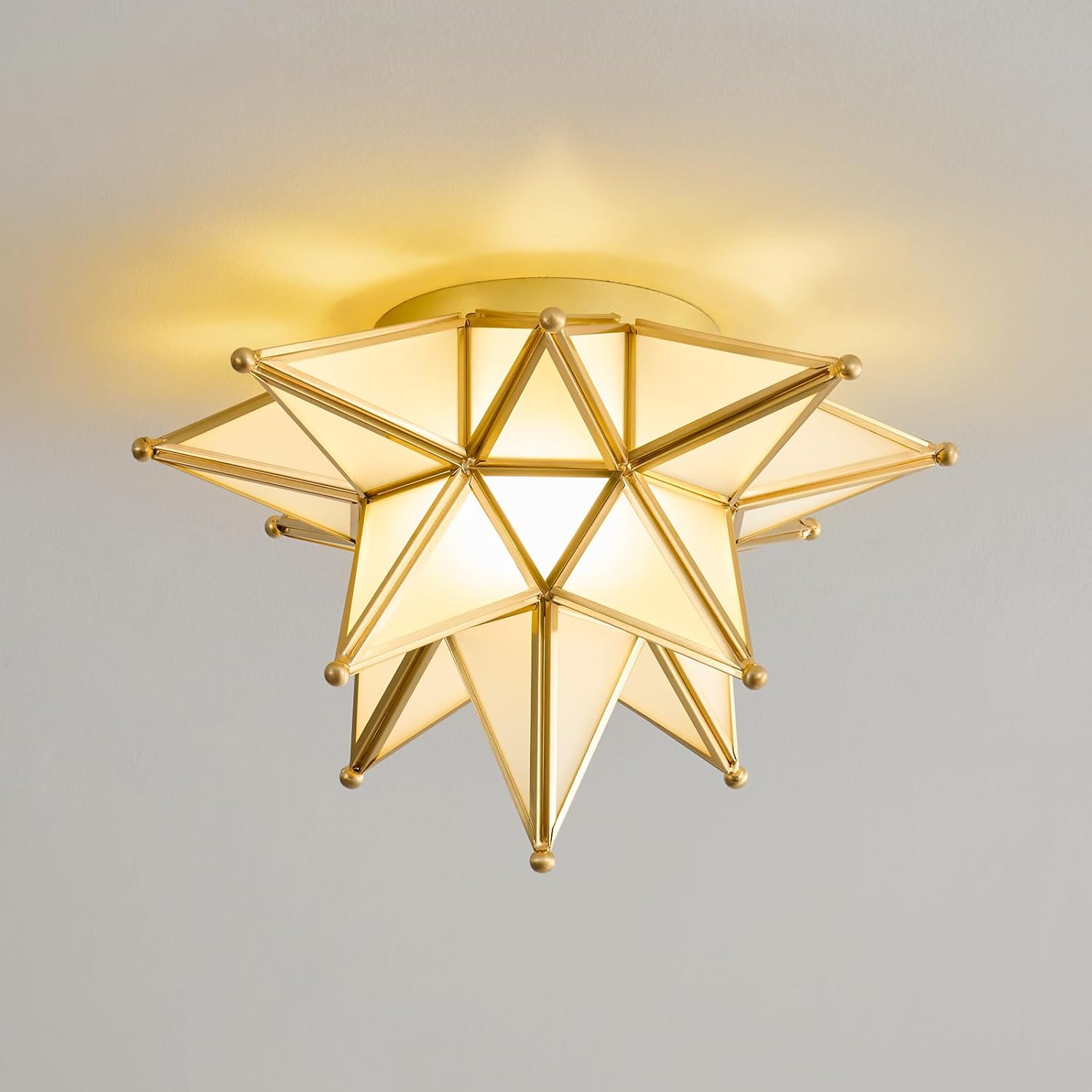 Moravian Brass Star Ceiling Light - Gold Vintage Antique Flush Mount Lighting - Art Deco Mid Century Milk Glass Fixture Lights for Hallway Bedroom Room Hall Entryway Laundry Foyer Kitchen Schoolhouse
