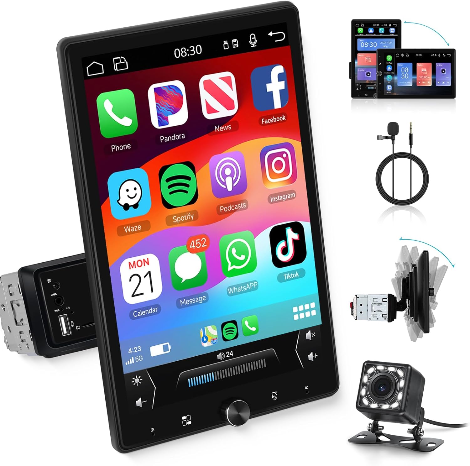 Single Din A-pple Carplay Car Stereo Android Auto Manual&HD Screen-10.4 Inch Touchscreen Car Radio with Bluetooth Mirror Link Backup Camera/USB/AUX/EQ/FM/Subwoofer/DSP/Voice Control Siri METEESER