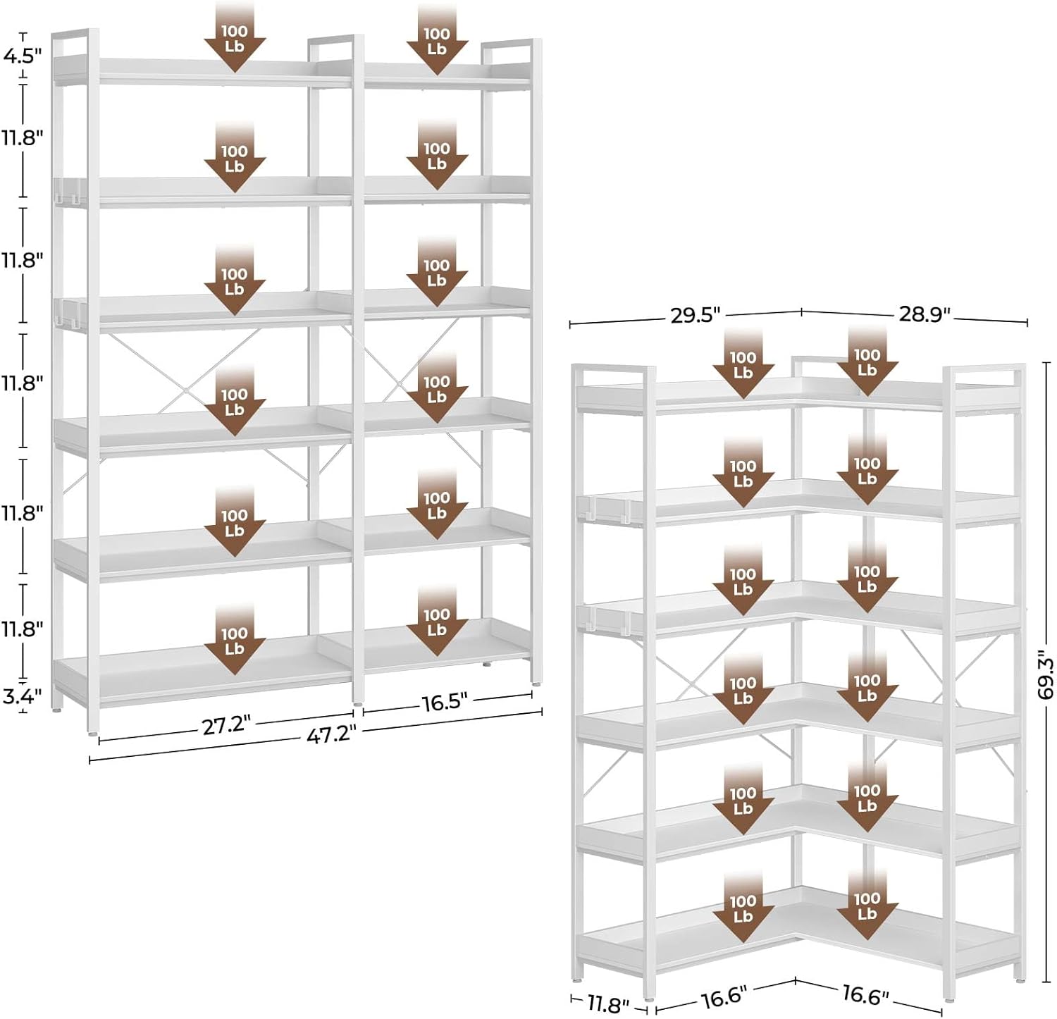 Rolanstar Bookshelf 6 Tier with 4 Hooks, Reversible Corner Bookshelf, 69
