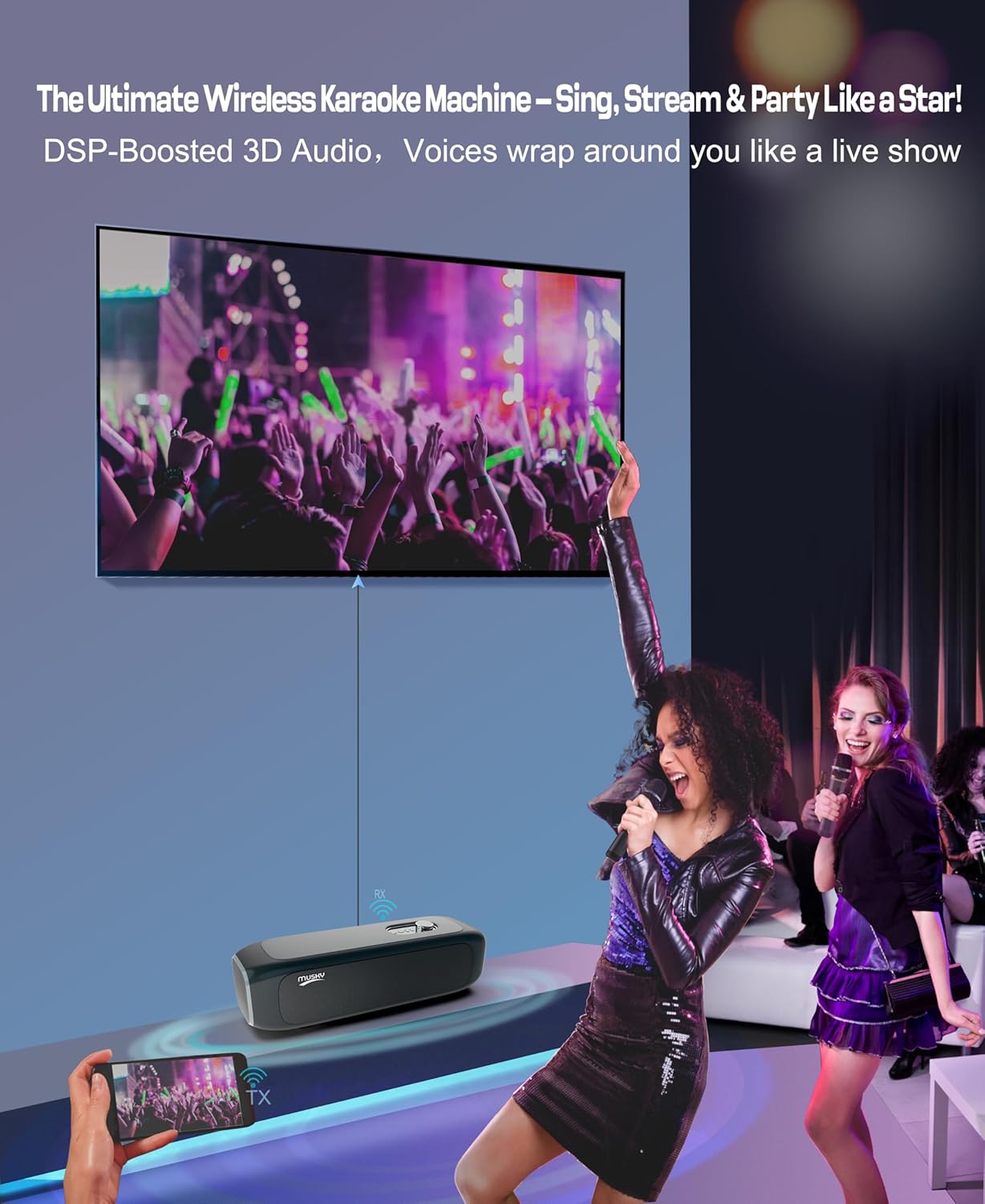 MUSKY Smart Karaoke Machine for Adults - with Screen mirroring, 2 Wireless Mics, External Smart Karaoke System, Professional Bluetooth Speaker, Karaoke Speaker for Any Occasion, Support TV Box