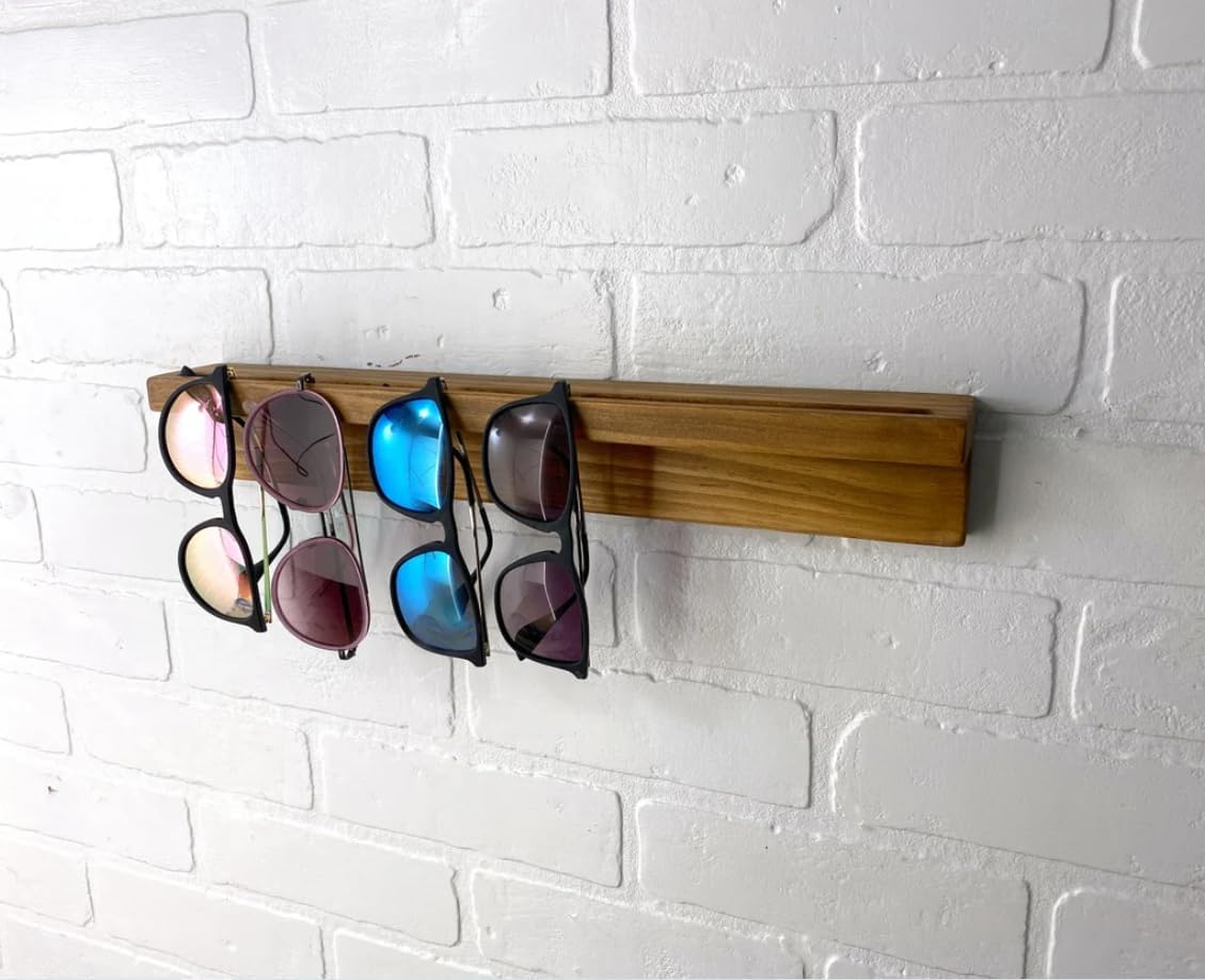 Large Wooden Sunglasses Organizer Rack – Wall Mounted Glasses Display Shelf with Multiple Slots – Rustic Pine Entryway Storage for Sunglasses, Eyeglasses, and Accessories (Grey, 22 inches)