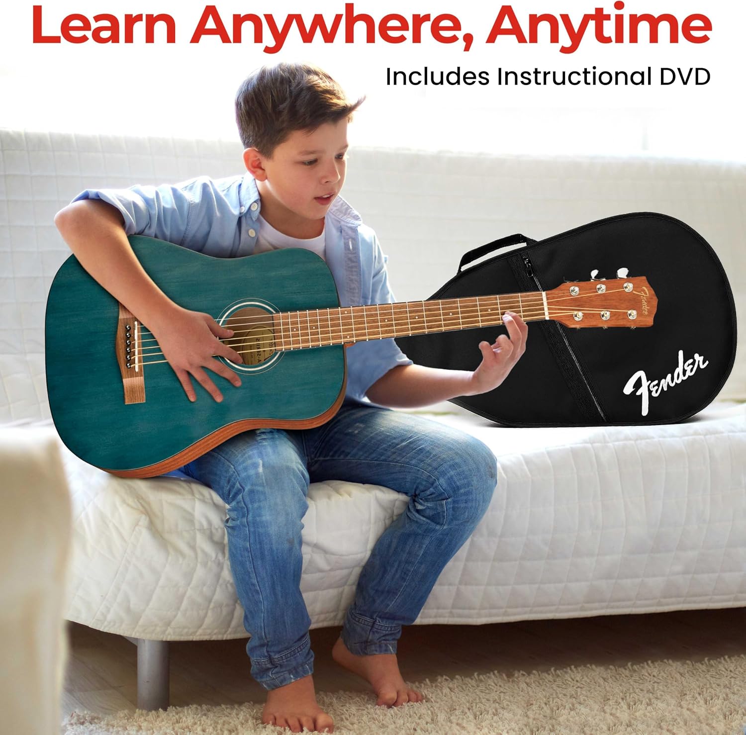 Fender FA-15 3/4-Scale Kids Steel String Acoustic Guitar - Blue Learn-to-Play Bundle with Gig Bag, Tuner, Strap, Picks, and Austin Bazaar Instructional DVD