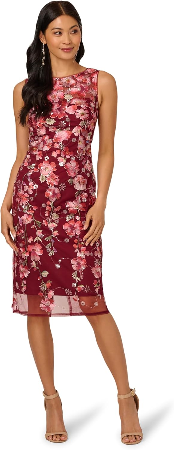 Adrianna Papell Womens Embroidered Floral Midi Dress