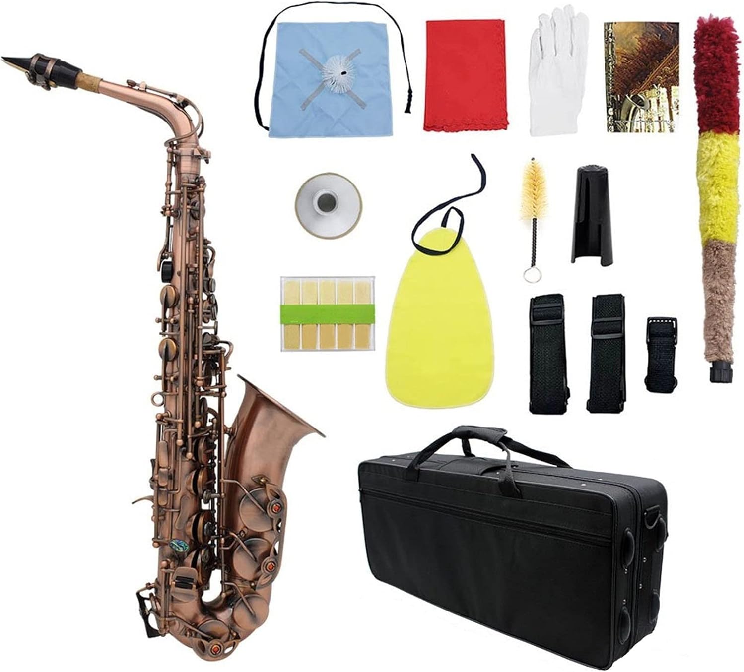 Sax Beginners Kit EB Alto Saxophone Brass Lacquered Gold E Flat Sax 82Z Key Type with Cleaning Brush Cloth Gloves Strap Padded Case Bb/EB Wind Instrument (Color : Red Bronze EB)