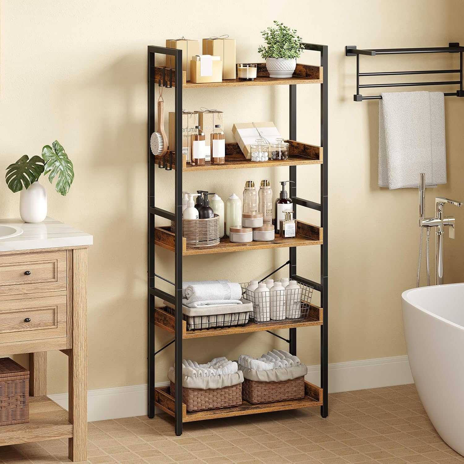 Rolanstar Bookshelf 5 Tier with 4 Hooks, Industrial Wood Bookcase, Vintage Storage Rack with Open Shelves, Rustic Standing Bookshelves Display Rack for Living Room, Bedroom, Rustic Brown