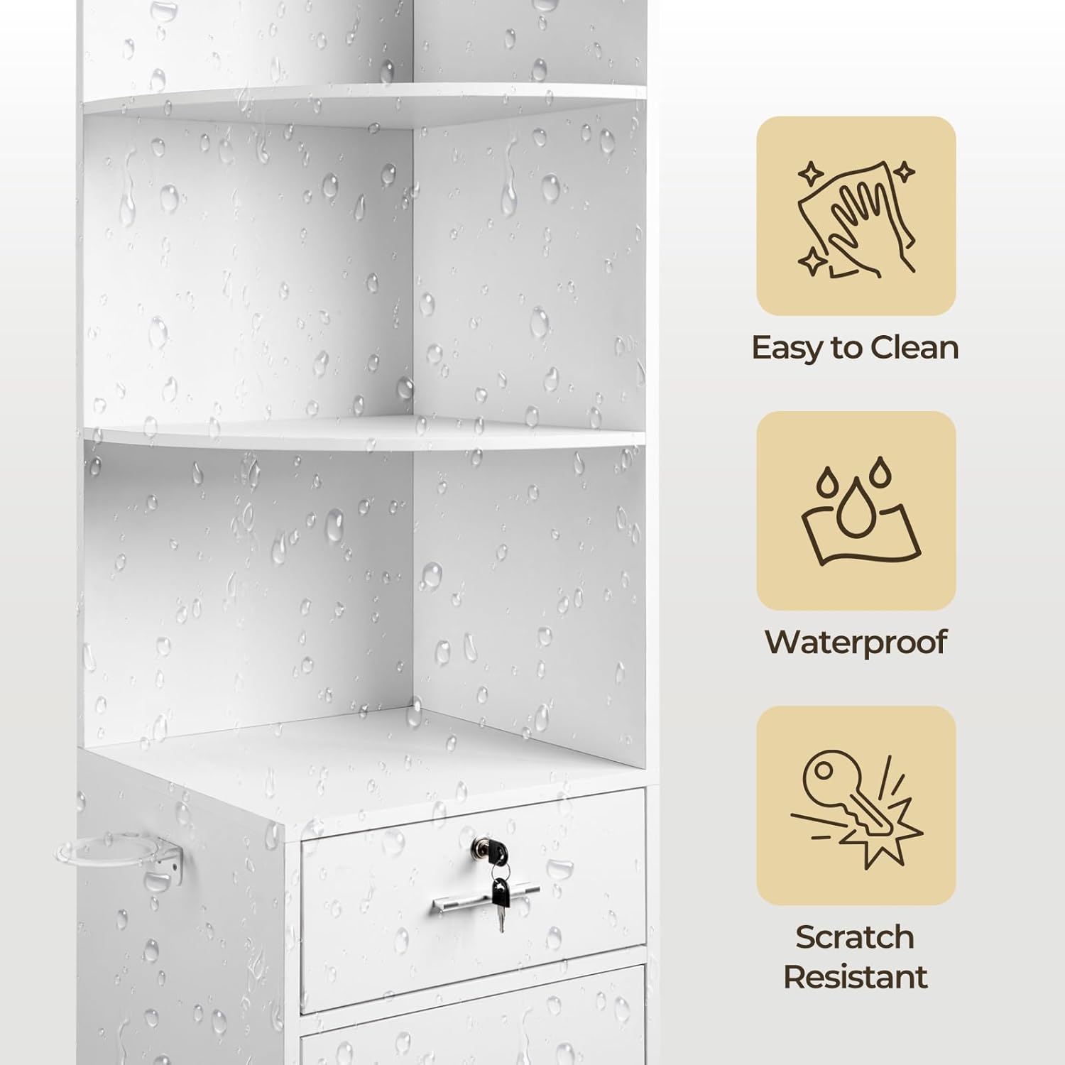 Winado Salon Corner Storage Cabinet, Wall Mount Salon Station with Lockable Drawer, Bottom Cabinet, Open Shelves, Hair Dryer Holder for Home Beauty & Barber Shop Spa Equipement, White