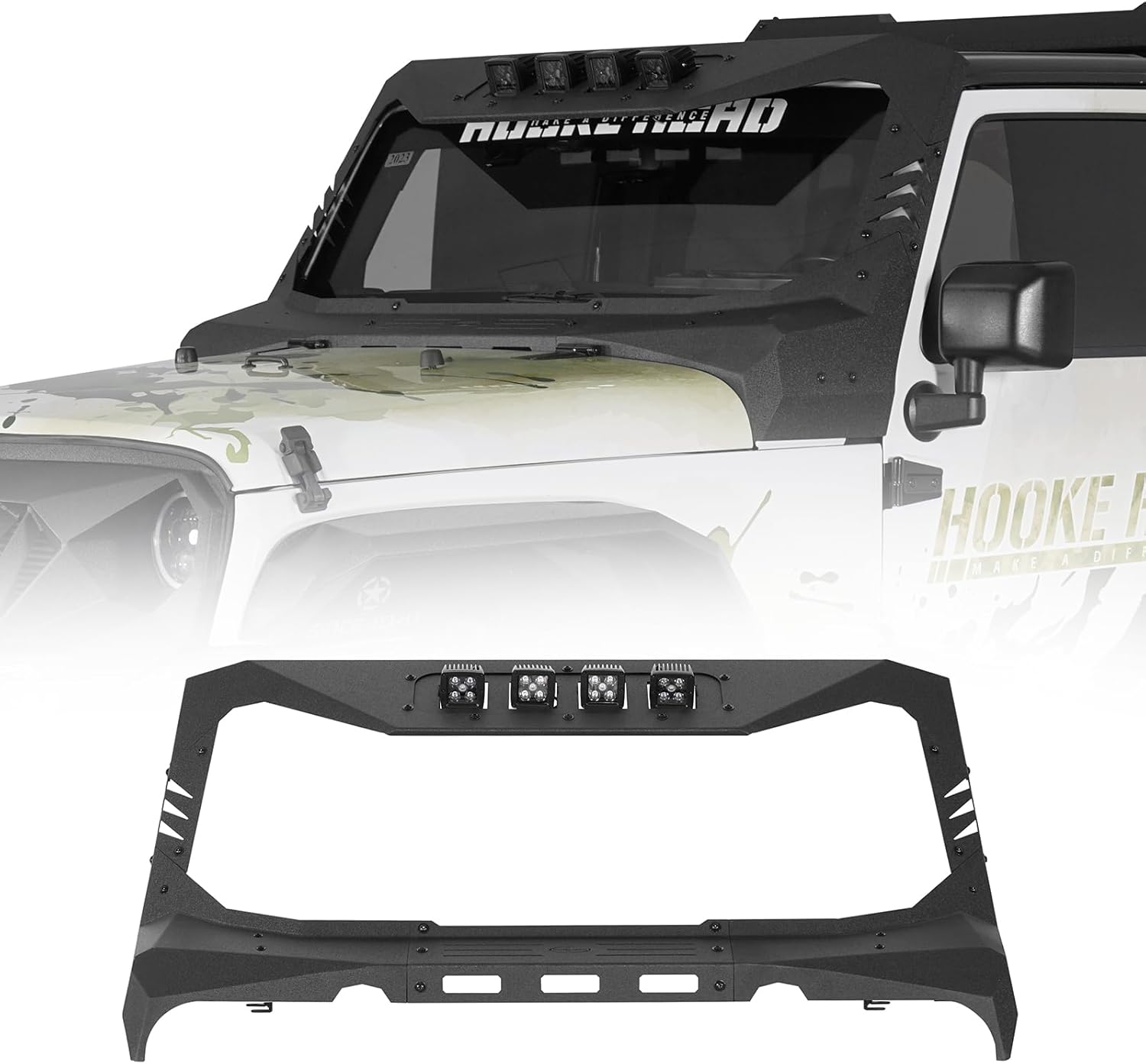 Hooke Road Wrangler JK Madmax Windshield Frame Cover Roof Sun Visor Cowl Body Armor for 2007-2018 Jeep Wrangler JK & Unlimited Include 4 LED Light Pods