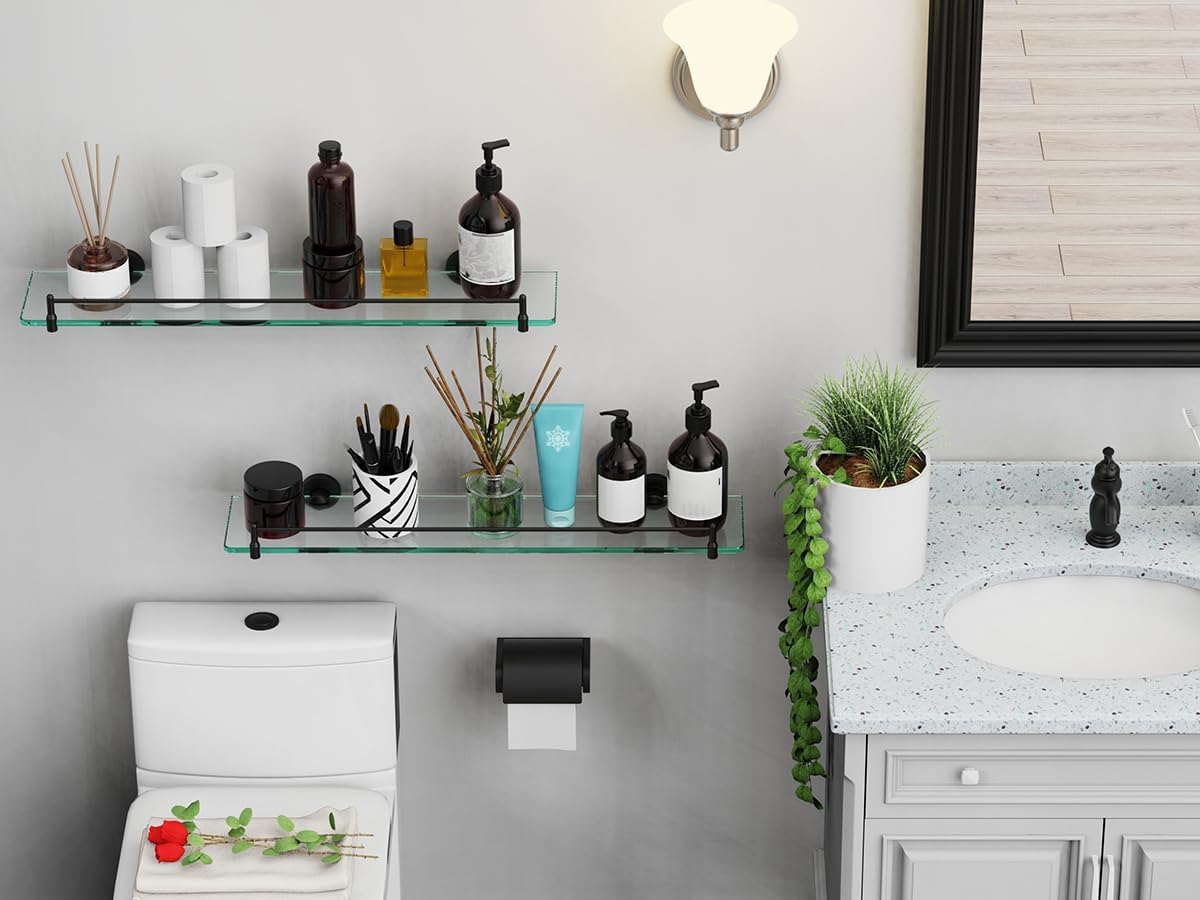 Bathroom Shelf Glass Shelf 2 Pack,24-Inches Floating Glass Shelves Towel Bar/Track(Matte Black)