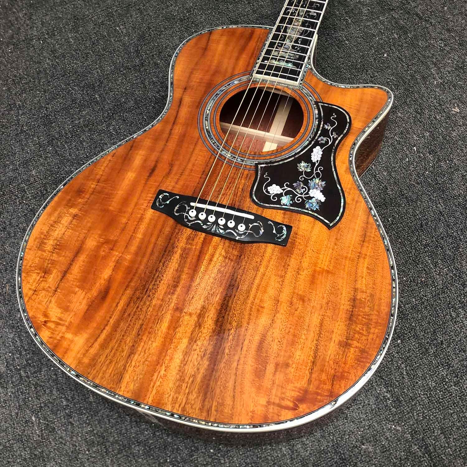 40 Inch OM Type Solid KOA Wood Top Cutaway Acoustic Guitar Ebony Fingerboard Abalone Inlays 43mm Nut Width