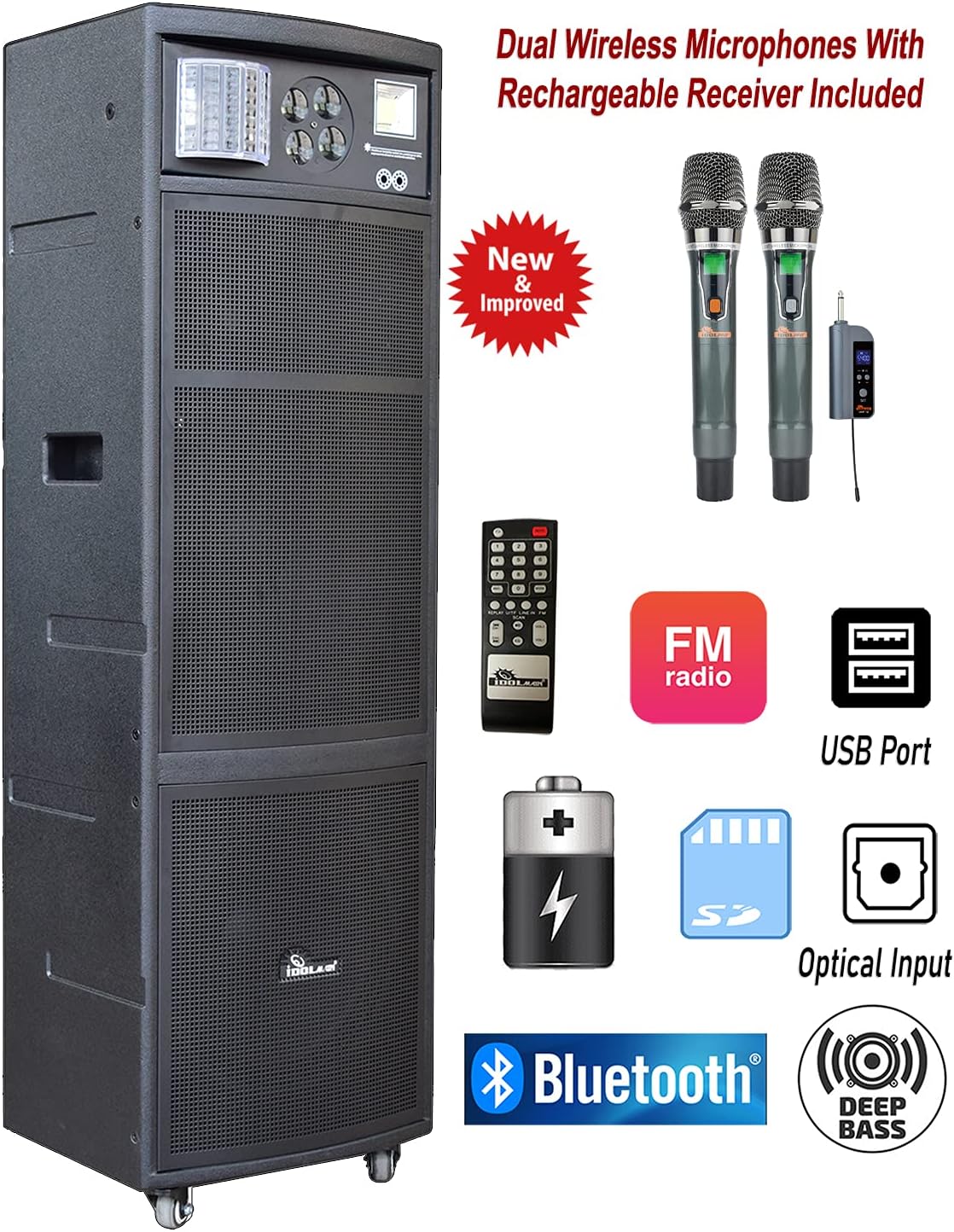Super Bass Portable Bluetooth Wireless Karaoke Speaker with Two Wireless Microphones, USB, SD, FM, IDOLmain IPS-DJ07 II with Multi-Effect DJ Light