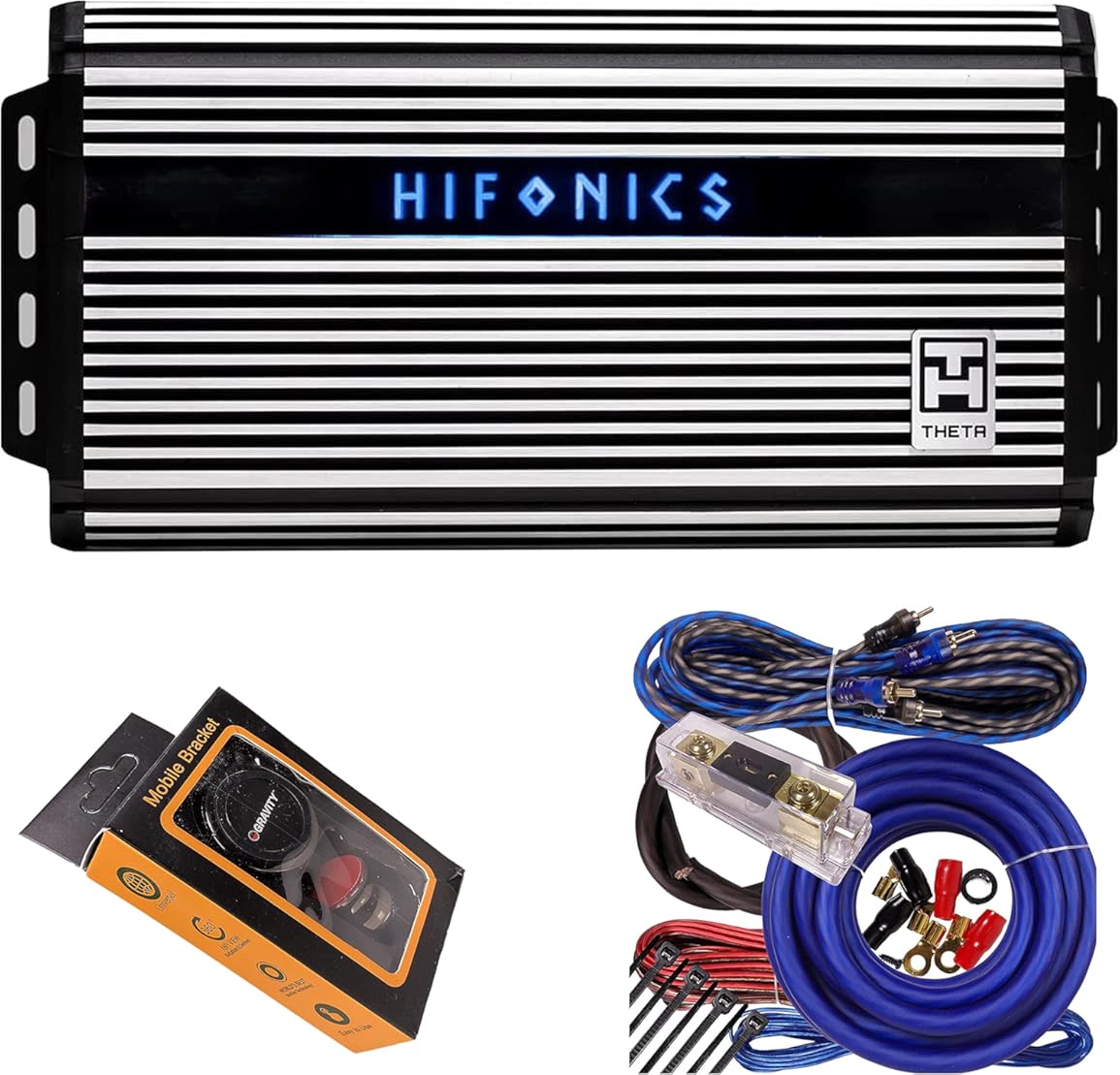 Hifonics ZTH-2225.1D Zeus Theta Compact Mono Channel Car Audio Amplifier (Silver) – Class D Amp, 2200-Watt Bass Remote Included with Gravity Phone Holder and 4 Gauge Amp Kit Blue Bundle