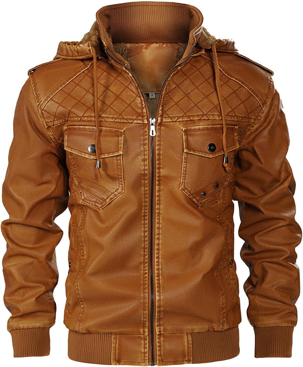 Men's Casual Faux Leather Motorcycle Bomber Jacket with Hood,Stand Collar and Zip-Up Design Vintage Biker Racing Coat