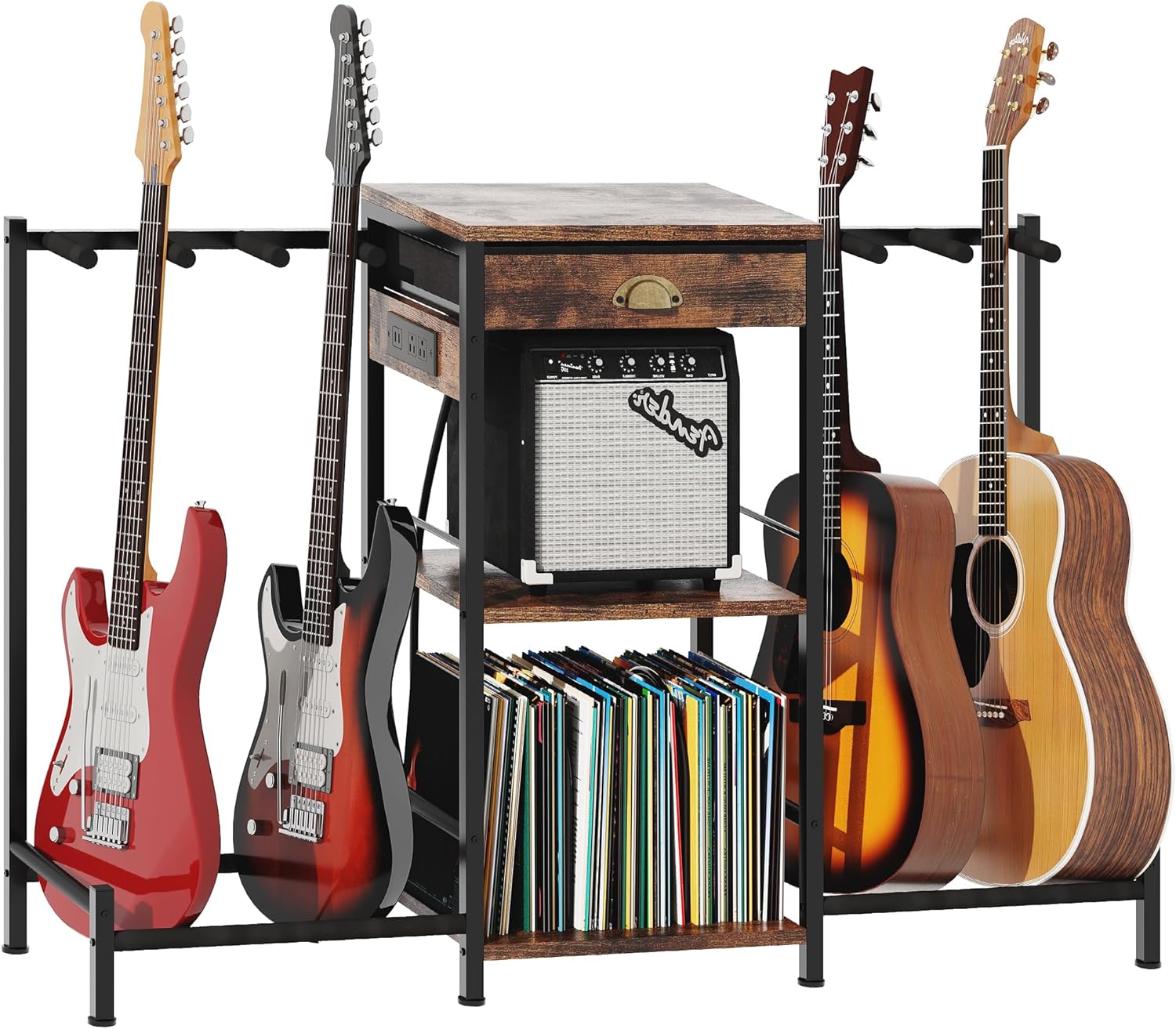 Homeiju 6-Guitar Floor Stand with Charging Station & 3-Tier Storage, Guitar Rack with Amp Stand & Cloth Drawer, Rubber Protected Guitar Holder for Studio/Home , Heavy Duty Metal Frame​