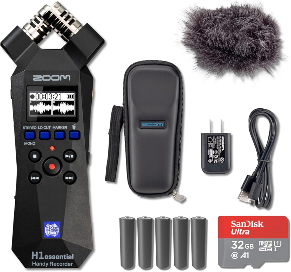 Zoom H1essential 2-Track 32-Bit Float Portable Audio Recorder with Zoom APH-1e Accessory Pack, 32GB microSD Card and 5X AAA Batteries