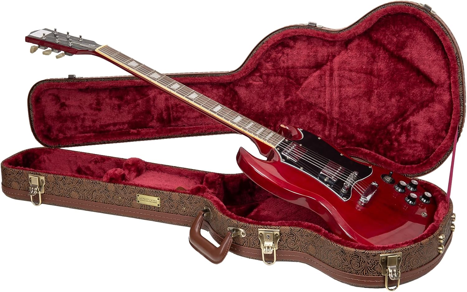 Crossrock Wooden Electric Guitar Case for Gibson SG | Blossom Brown Faux Leather, Burgundy Velvet Interior, Lock – Designer Series(CRW530SGBQ)