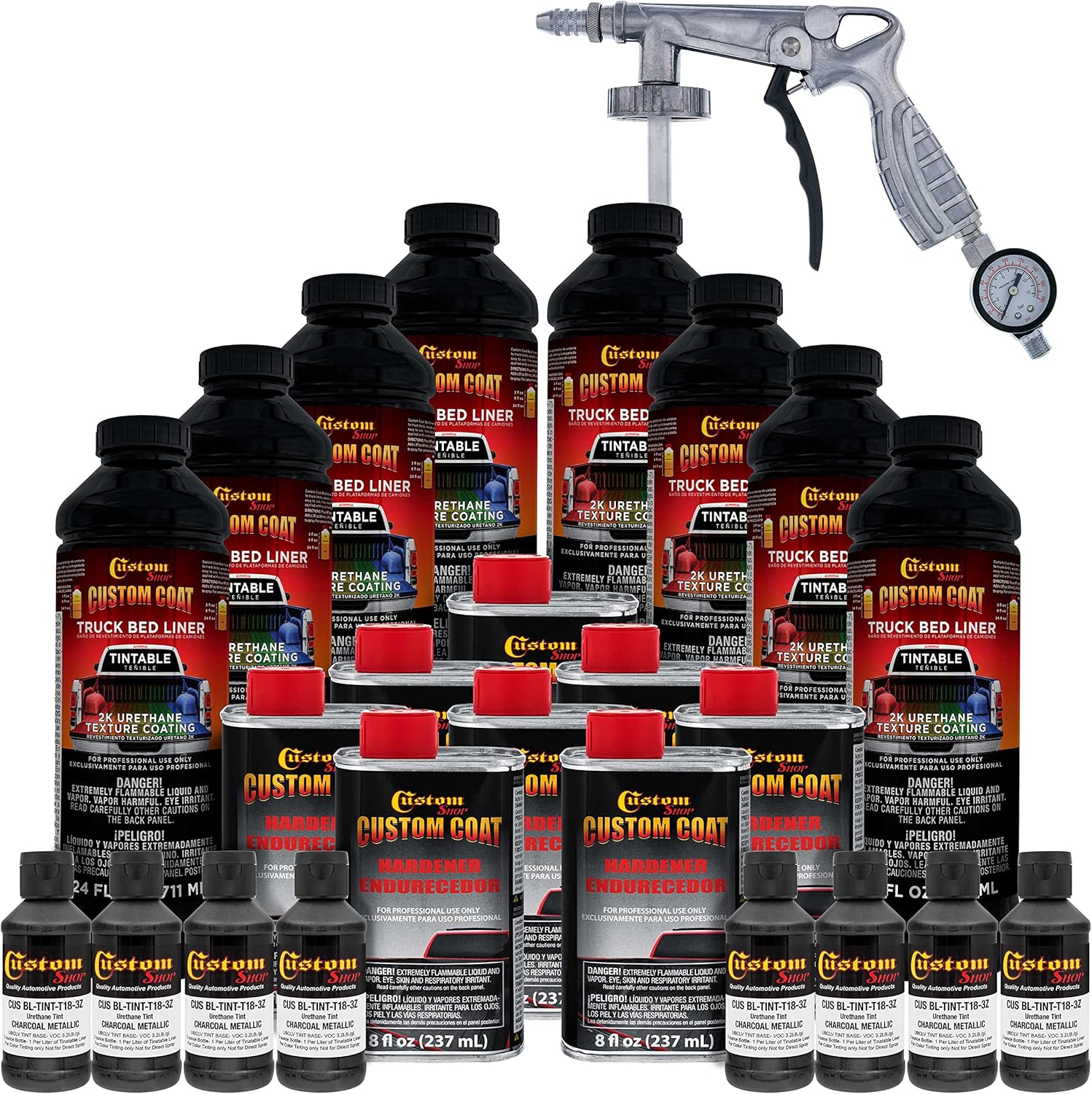 Custom Coat Charcoal Metallic 2 Gallon (8 Quart) Urethane Spray-On Truck Bed Liner Kit with Spray Gun and Regulator - Easy Mixing, Shake, Shoot - Textured Protective Coating, Prevent Rust - Car, Auto