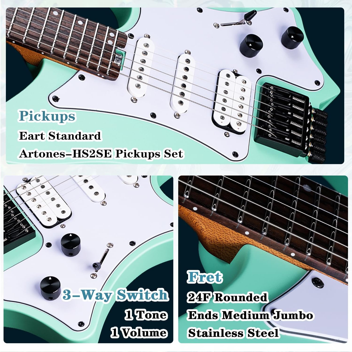 EART GW2P-SE Headless Electric Guitar, Solid Electric Guitar,Carbon-Roasted Hard Maple Neck Fully Adjustable Bridge, Satin Finish