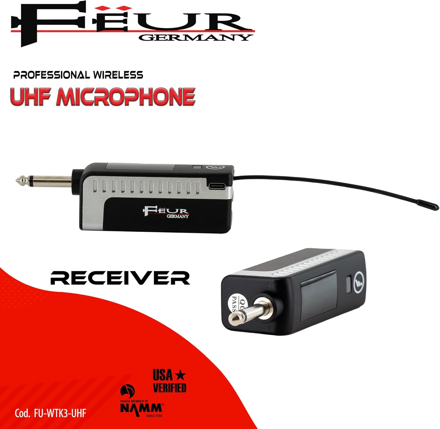 FEUR UHF Dynamic Wireless Microphone System - Wireless 30 Channel - Rechargeable Microphone System Ideal for Karaoke and Live Performances (FU-WTM30-UHF)
