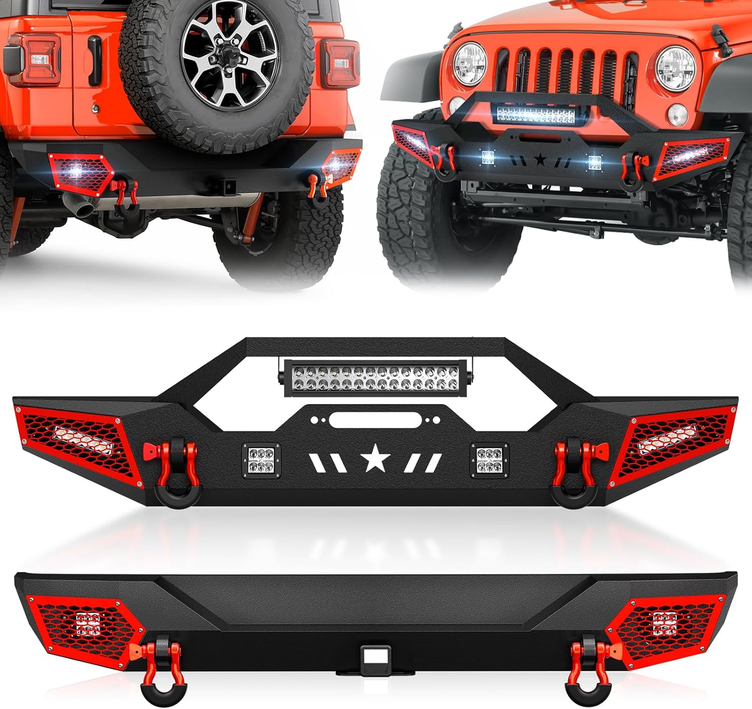 SUORTO Front and Rear Bumpers Compatible with 2018 2019 2020 2021 2022 2023 2024 2025 2026 Jeep Wrangler JL JLU (2/4 Doors) with Winch Plate, LED Lights, Paintable Armor, 2