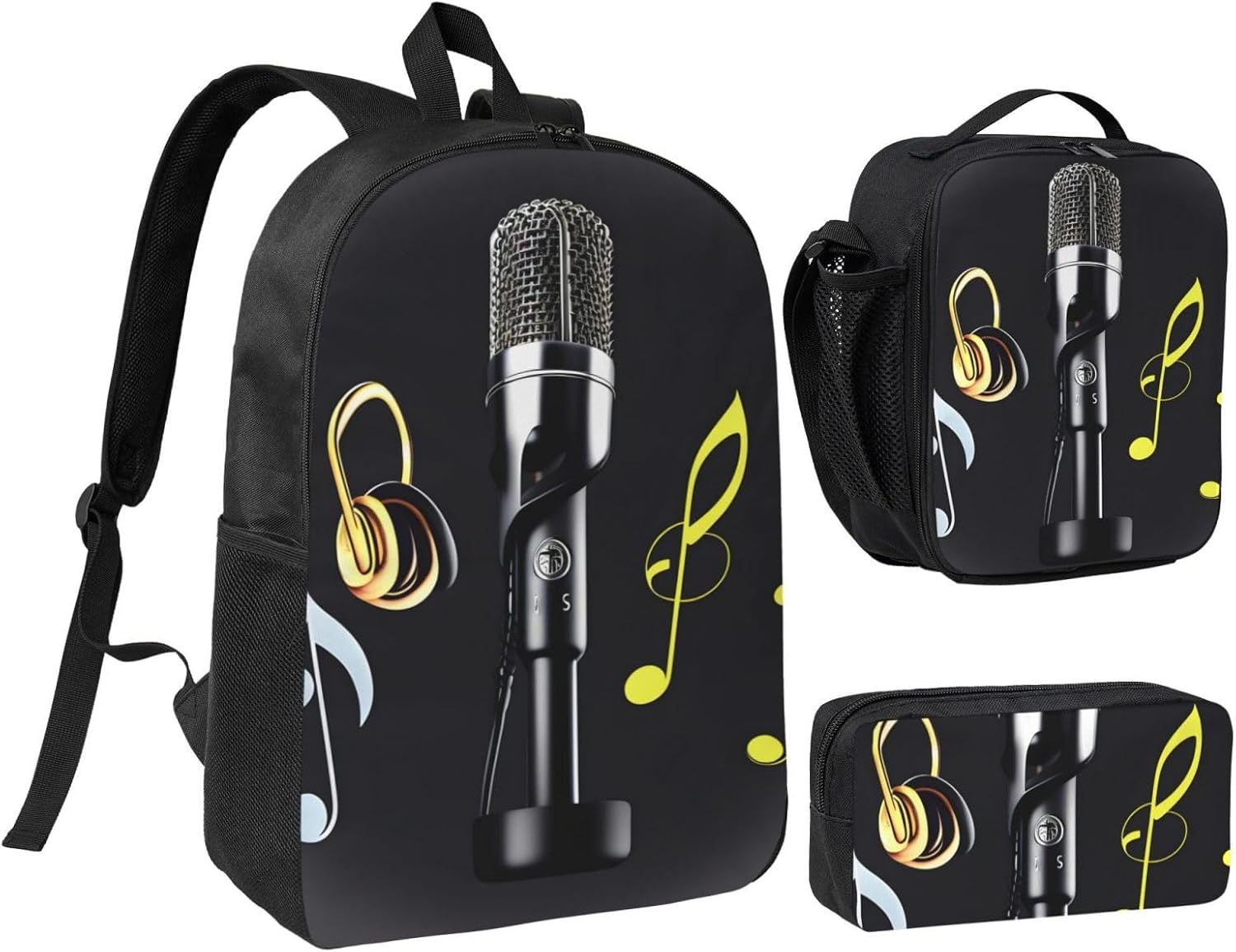 Microphone with Music Notes print 3 Piece Backpack Bags with Lunch Box Pencil Case Set for Travel Work Camping Unisex