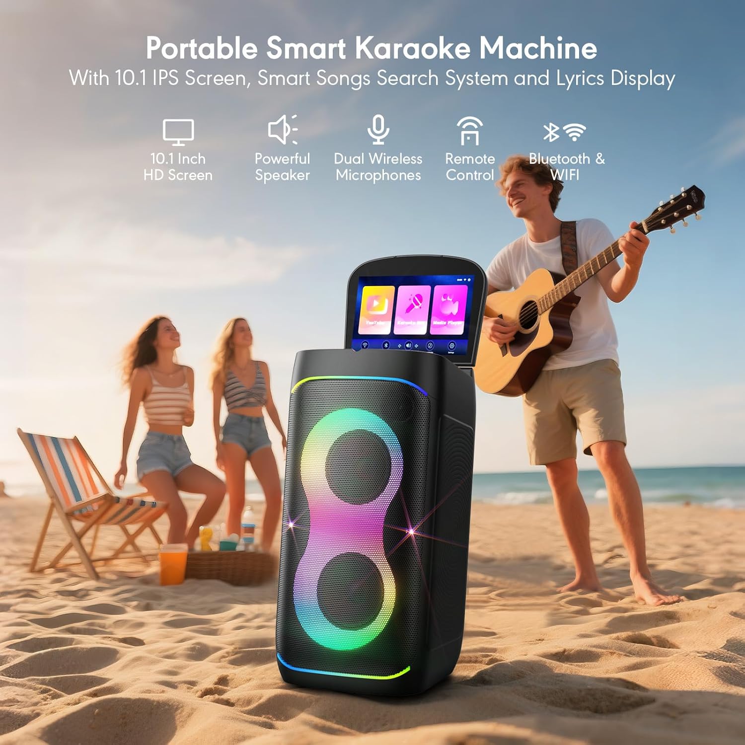 Smart Karaoke Machine with 10.1 Inch Screen, with Lyrics Display, Build-in Karaoke APP, 300W Powerful Speaker, 2 Wireless Microphones, for Family or Friend Party (X1)