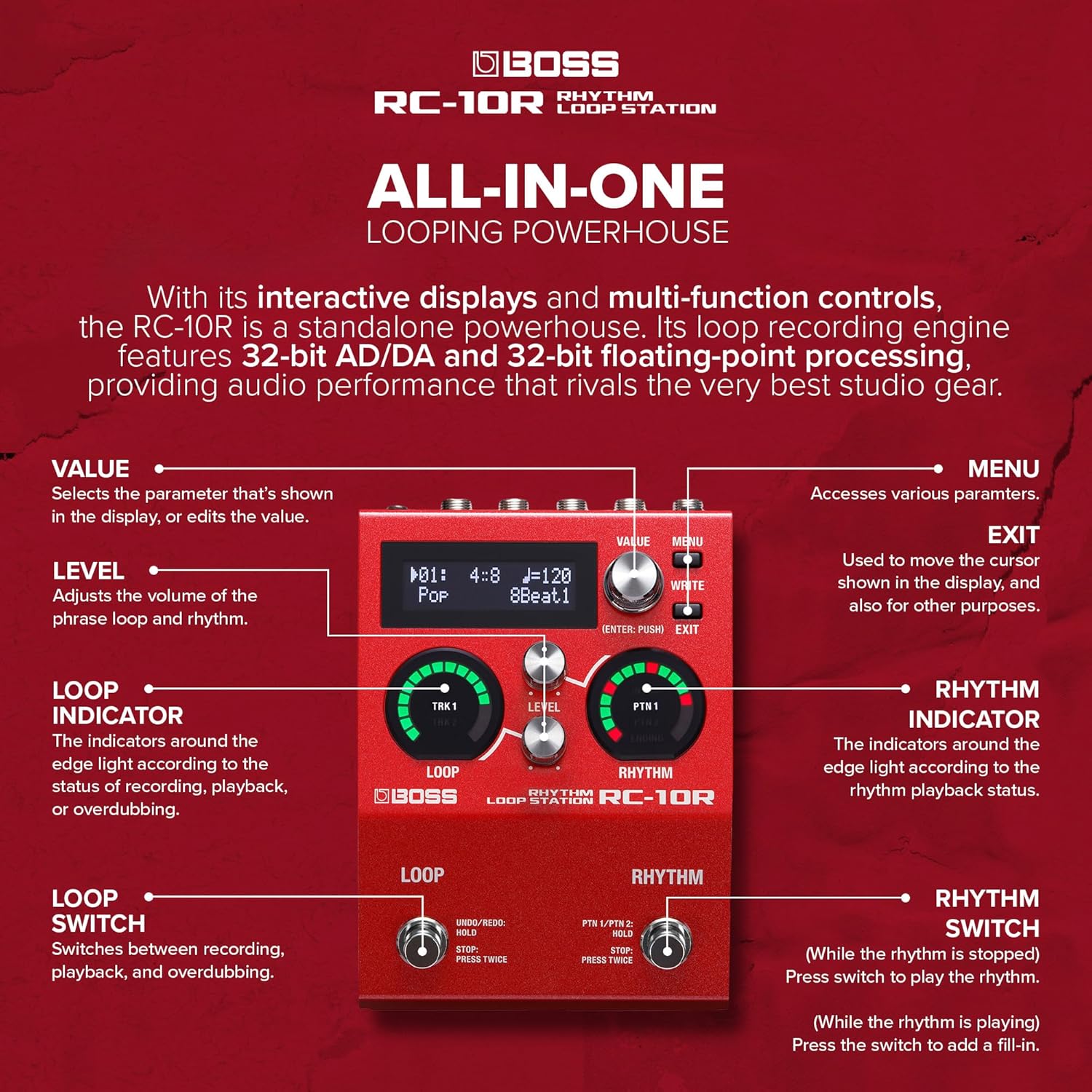 BOSS RC-10R Rhythm Loop Station | Song-Based Looping & Dynamic Rhythms in a Small Footprint | 280 Preset Styles | 16 Versatile Drum Kits | 2-Track Operation | Expanded Control Support | Full MIDI I/O