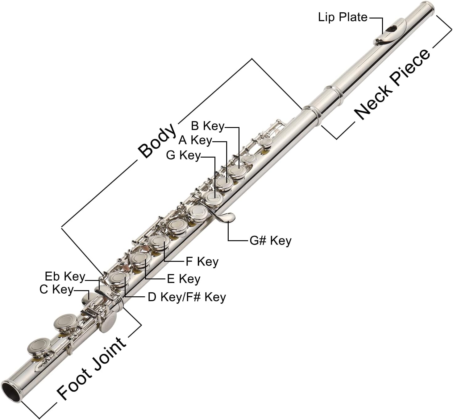 Ktaxon C Closed Hole Flute 16 Keys Flutes Kit for Students, Professionals & Beginner, Orchestra Musical Nickel Flute with Hard Case, Cleaning Rod, Cloth, Gloves (Silver)