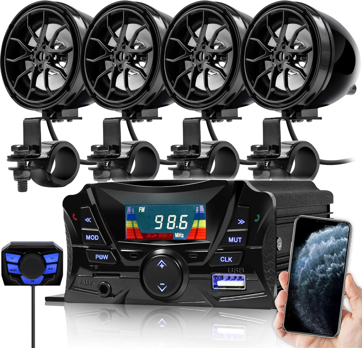 GoHawk Motorcycle Speakers Bluetooth, Waterproof Speakers and Amplifier Audio Sound System, Weatherproof, FM Radio, Volume Control, ATV UTV w/AUX in, USB, Micro SD