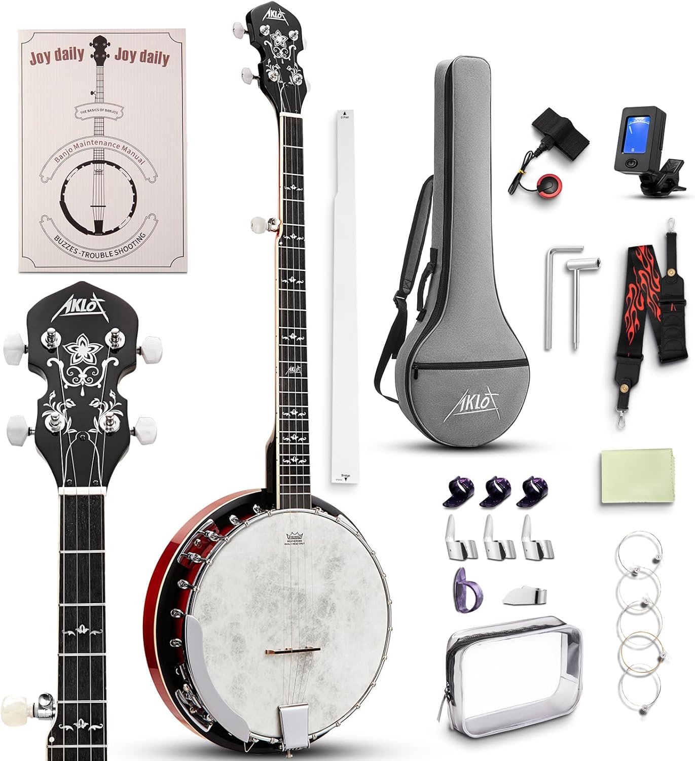 AKLOT Full-Sized Banjo with Remo Head: 38’’ 5 String Banjo Set with Removable Resonator, Geared 5th Tuner, 24 Brackets, Deluxe Beginner Kit with Gig Bag, Strings, Strap, Picks, Tuner, Bridge Ruler