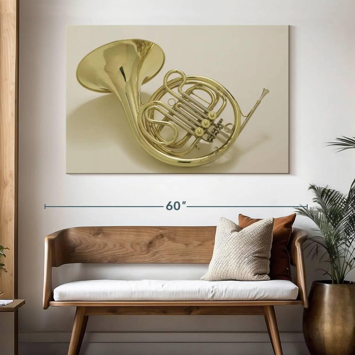 ElephantStock - French Horn Instrument Wall Art - Horizontal Canvas Wall Art - Living Room Wall Decor - Photography Music Canvas Art - Gray And Gold Decor - 51