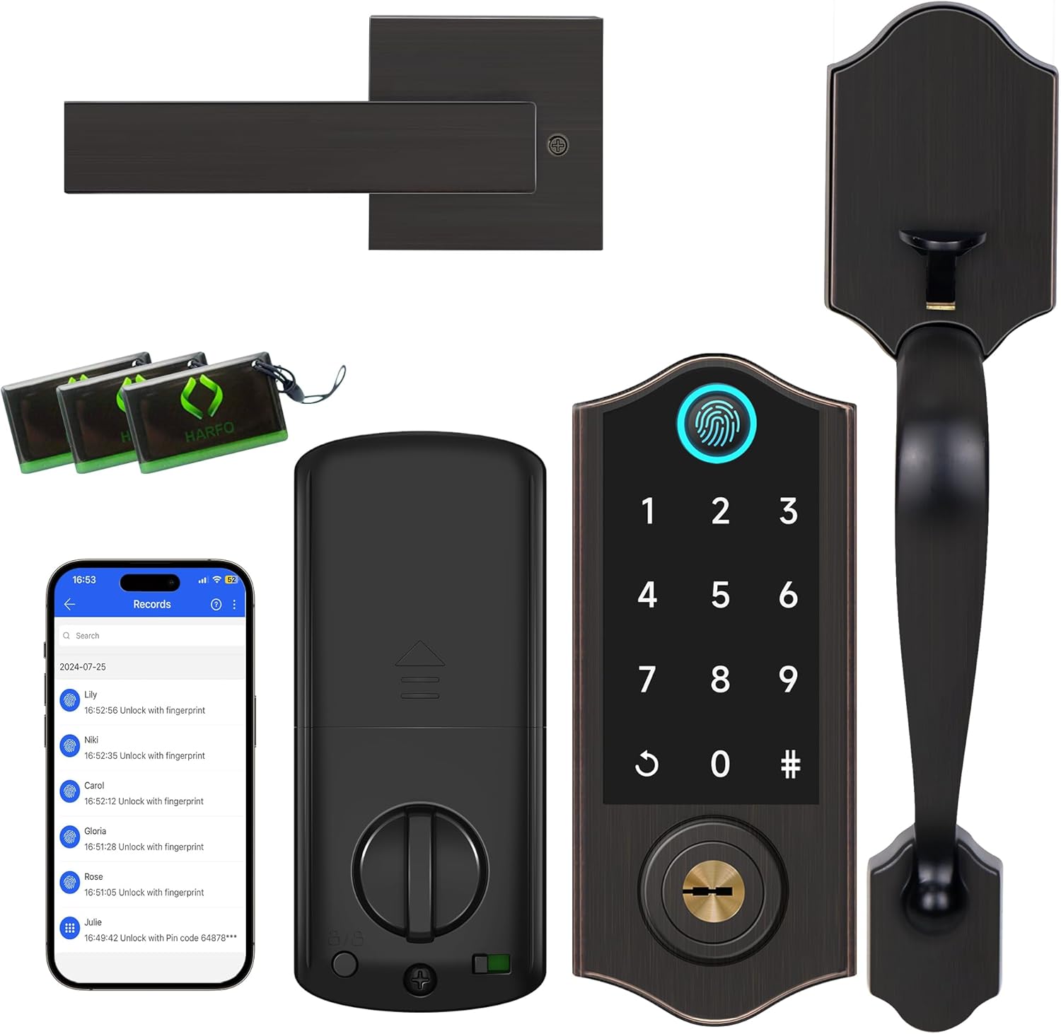 Harfo Fingerprint Smart Door Lock for Front Door with Handle Set, App Control, Keyless Entry Keyless Deadbolt, Digital Electronic Touchscreen Keypad, Auto Lock, Easy to Install, Aged Bronze