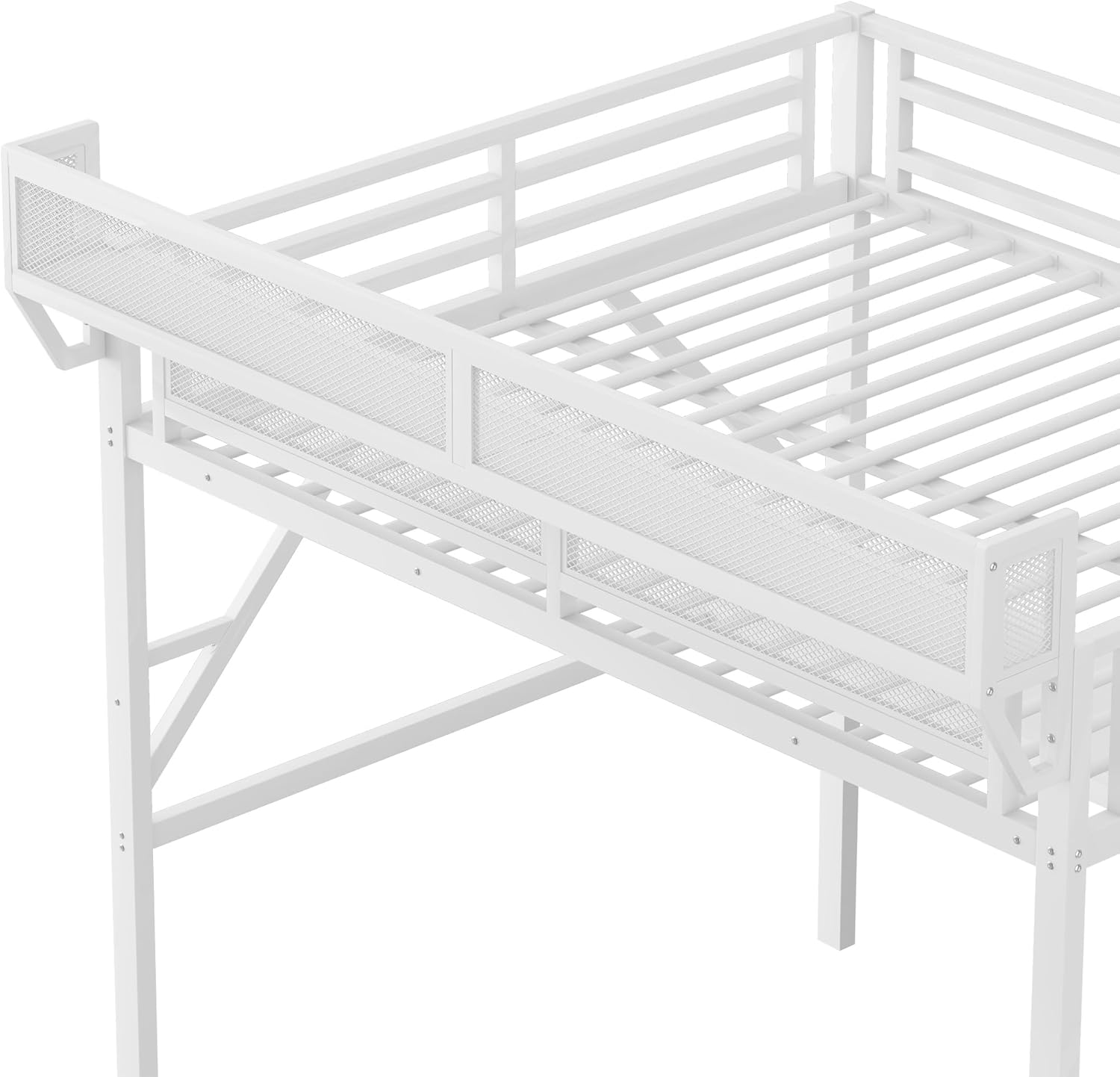 Queen Loft Bed with Desk and Charging Station, Queen Size Metal Loft Bed with Stairs and Light, Black, Patent Products (White)