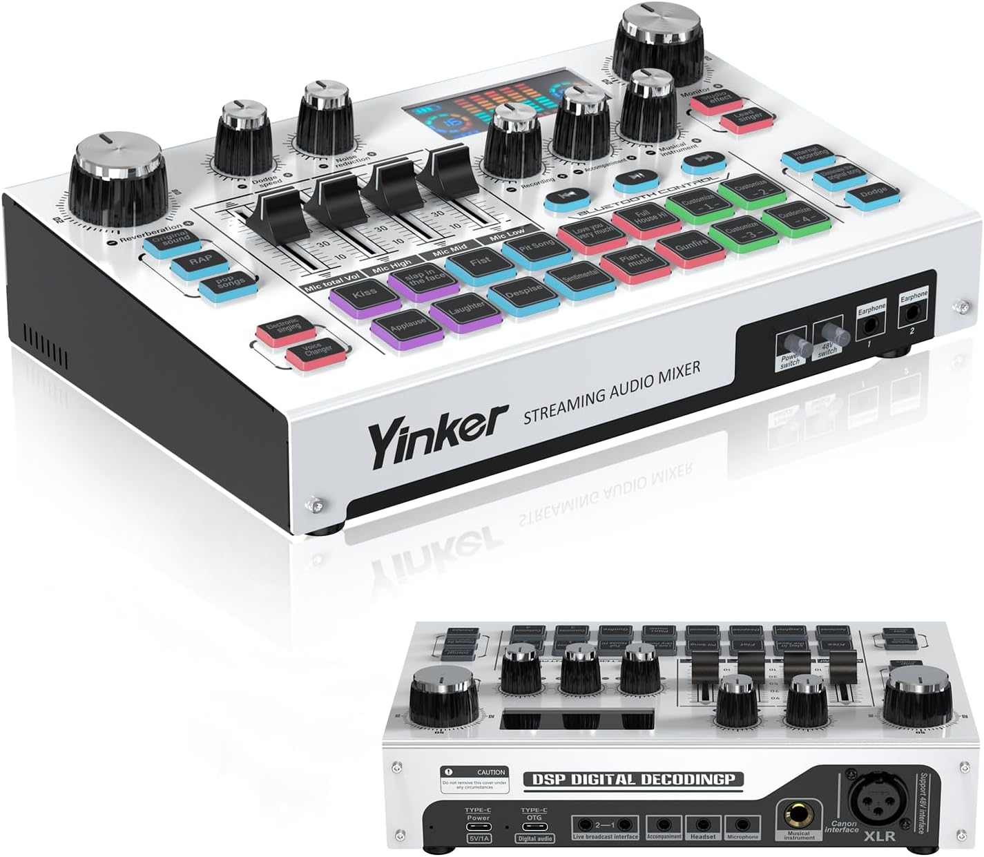 Streaming Audio Mixer, LCD Gaming Audio Mixer Interface, Live Sound Card with Bluetooth, 48V Phantom Power for Live Streaming Podcast, Recording, Gaming