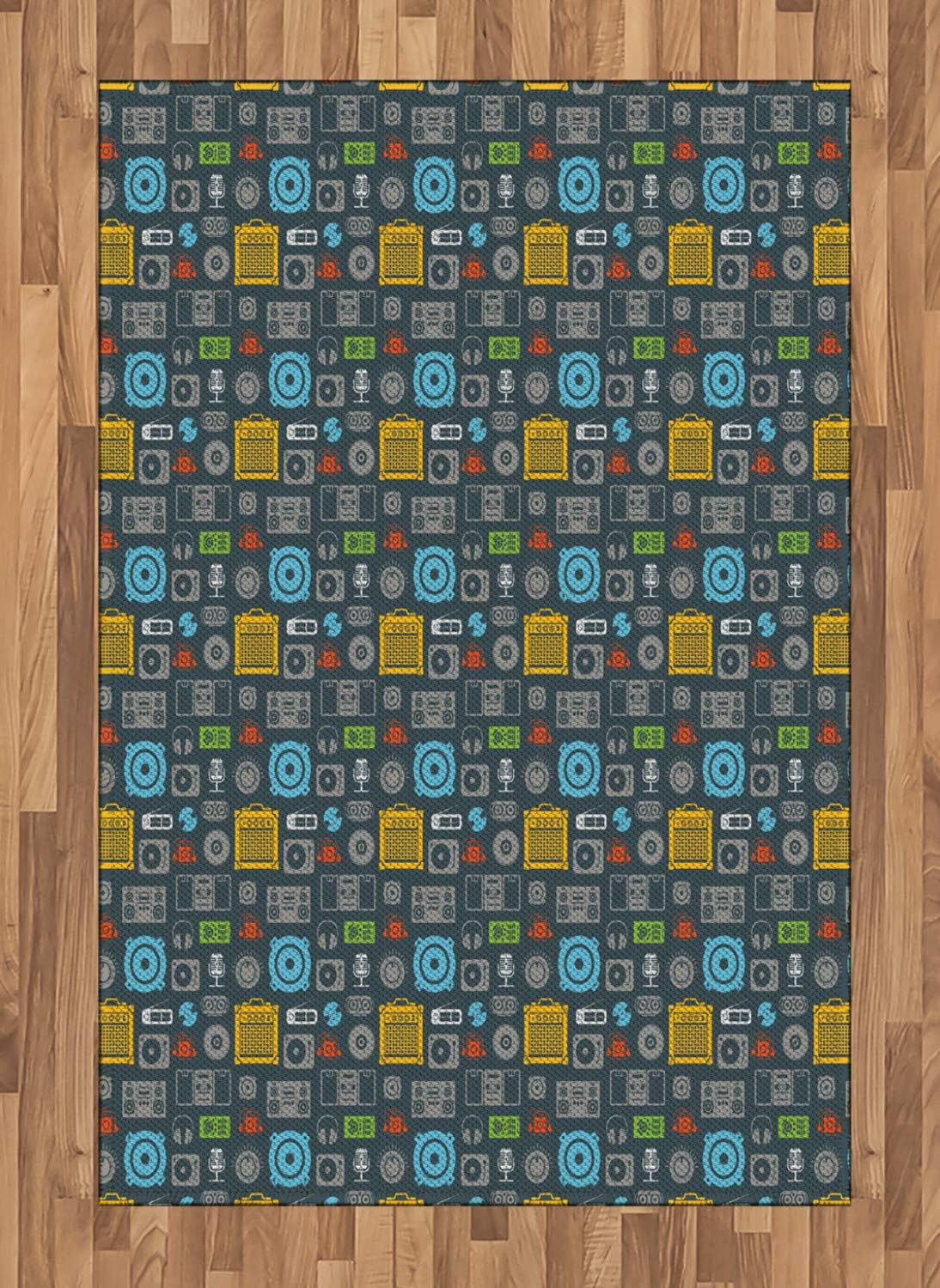 Ambesonne Music Area Rug, Audio Equipment Silhouette Music Technology Retro Style Recording Illustration, Flat Woven Accent Rug for Living Room Bedroom Dining Room, 4' X 5' 7