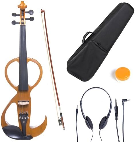 Cecilio 4/4 Full Size Electric Silent Violin, Hand-Carved Solid Maple Wood, Complete Set with Case & Ebony Fittings, Yellow Maple Metallic