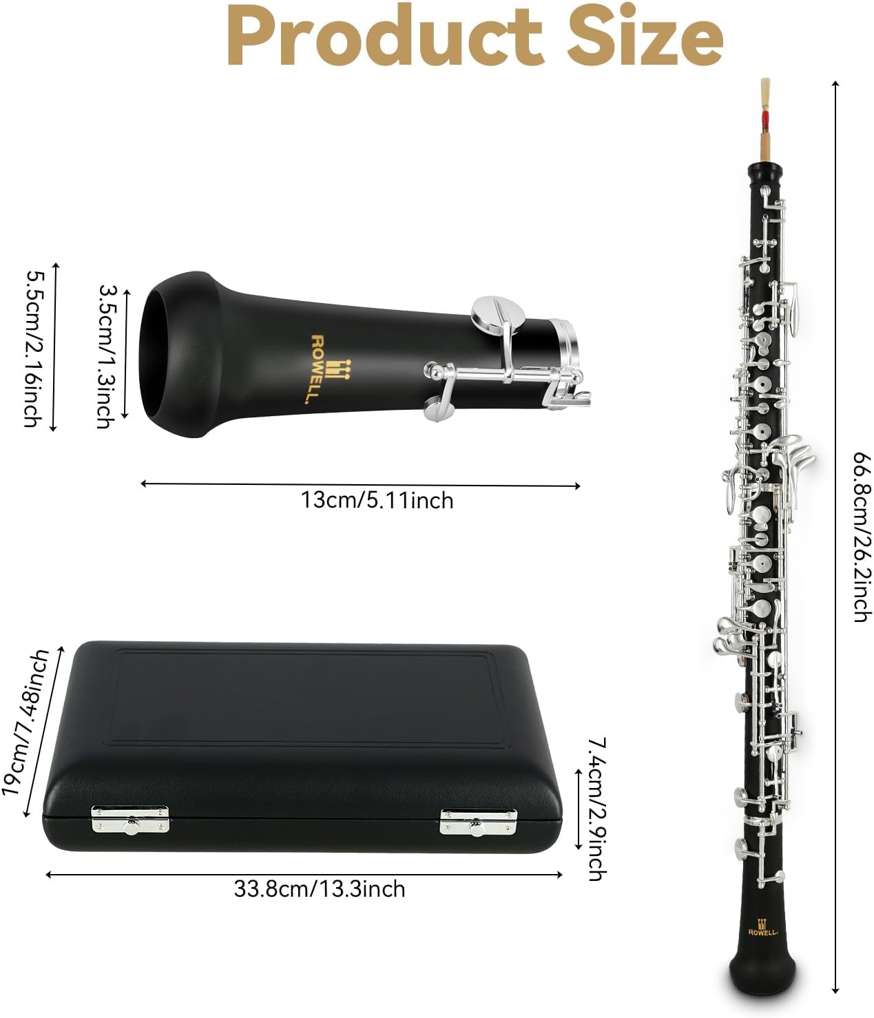 ROWELL Professional Oboe C-key Silver-plated Key Oboe Semi-automatic System Composite Wood Body Comes with Reed and Carrying Case Ideal for Beginners, School Bands, and Music Exams