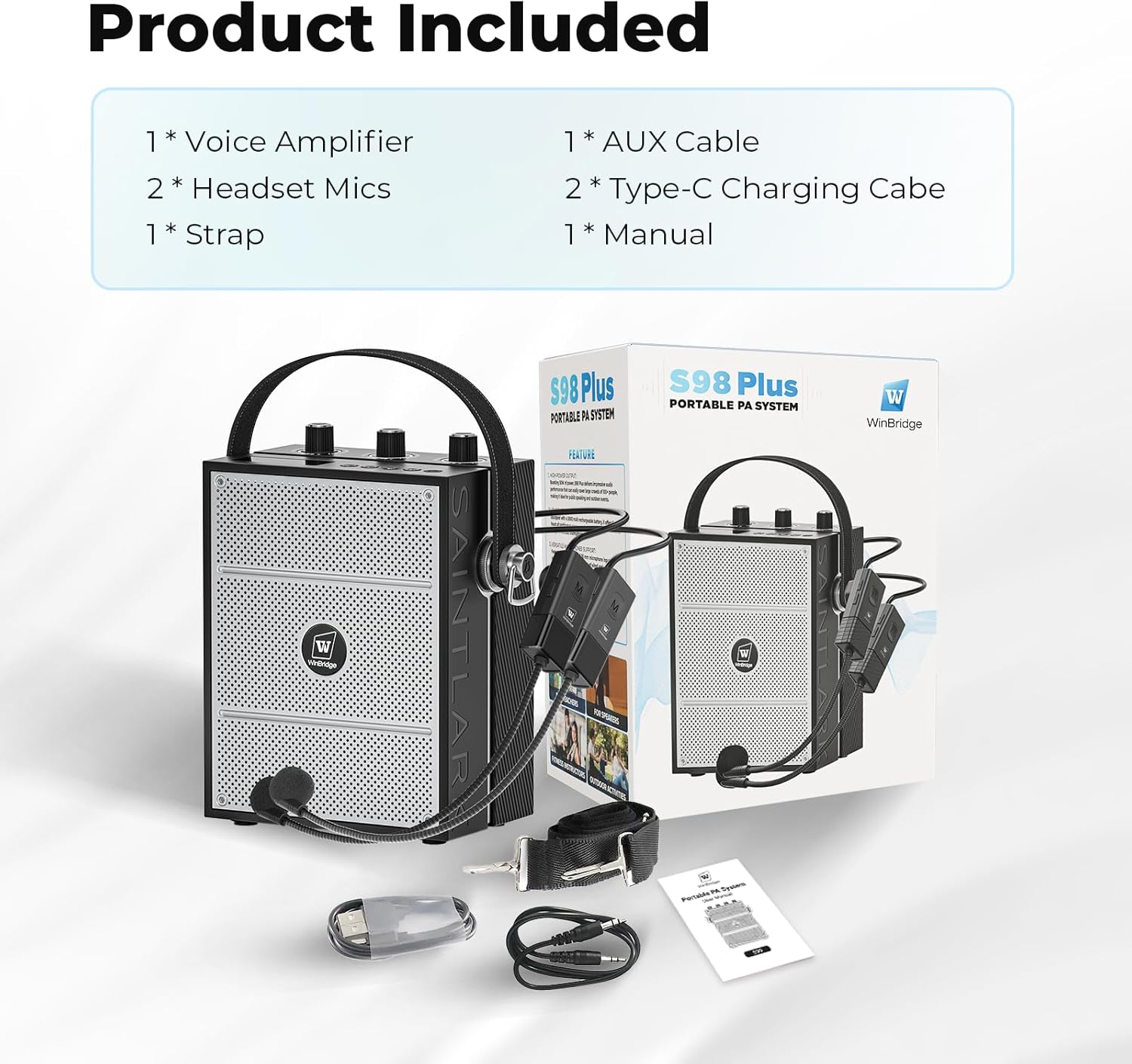 50W Voice Amplifier with 2 Headset Microphones,Microphone with Speaker, Portable Sound System with Microphone,Bluetooth Speaker Megaphone for Teachers, Classroom, Outdoor, Events -S98Plus