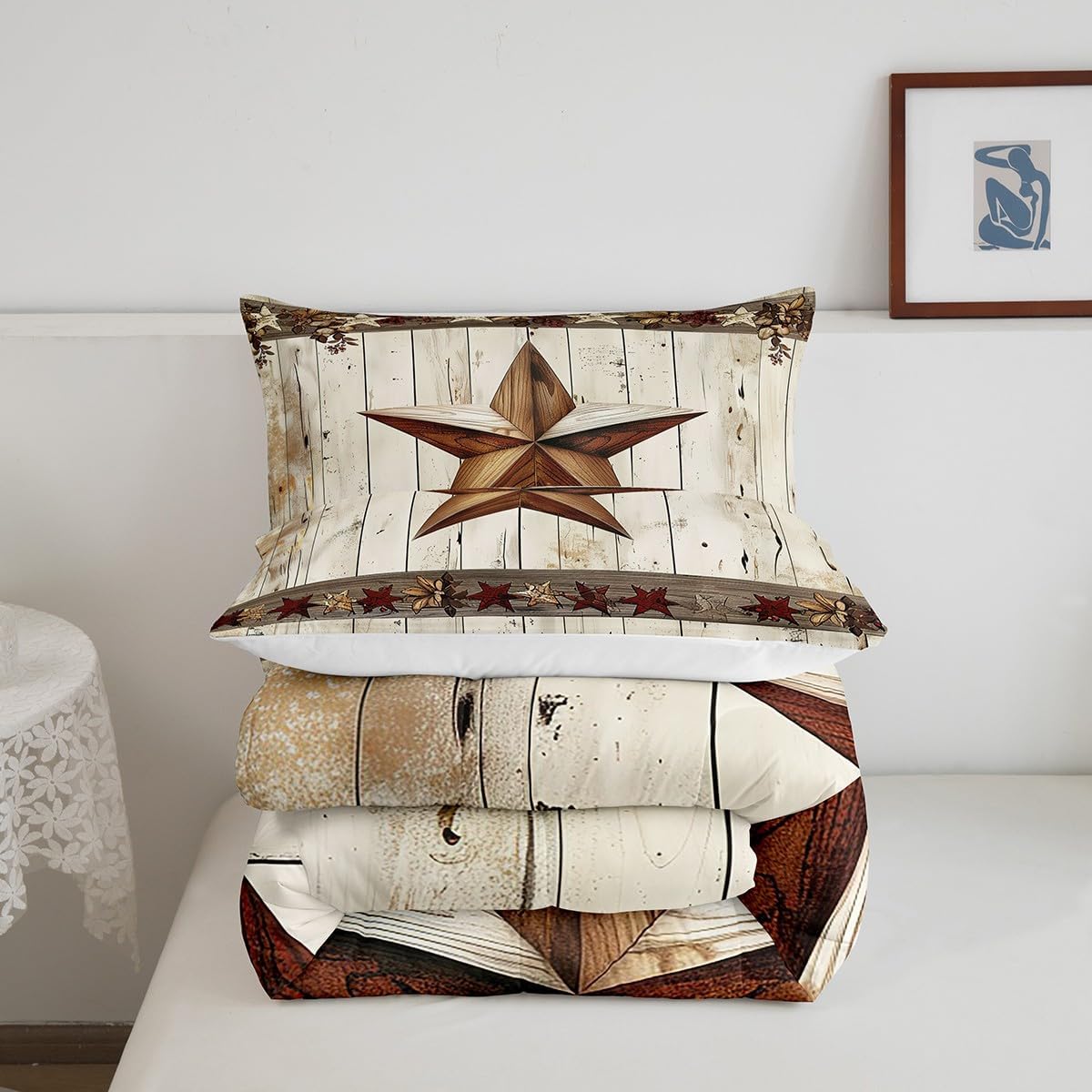 Manfei West Texas Star Comforter Set King Size, Rustic Farmhouse Quilt Set with 2 Pillowcases, Grey Wooden Plank Bedding Set 3pcs for Kids Boys Teens Room Decor, Lightweight Duvet Insert