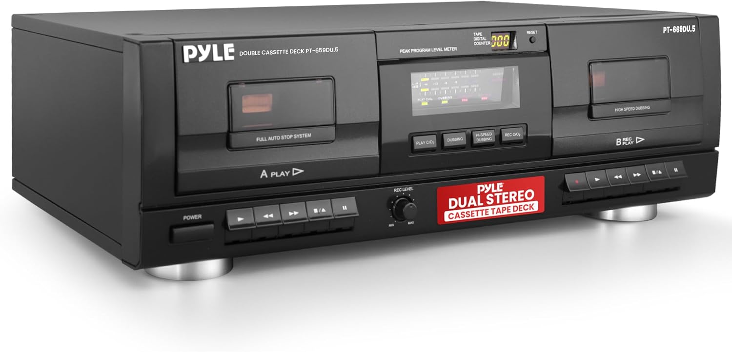 PyleUsa Dual Stereo Cassette Tape Deck-Double Cassette Recorder w/ MP3 Music Converter, RCA for Recording, Dubbing, USB, Retro Design - for Standard/CrO2 Tapes, Home Use