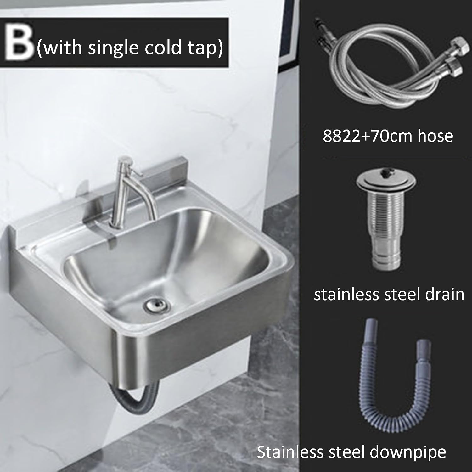Stainless Steel Commercial Kitchen Sink, Single Bowl Bar Sink with Faucet Kit, Wall Mount Hand Washing Basin, Corner Hand Basin, Save Space(B-50x41.2x15cm)
